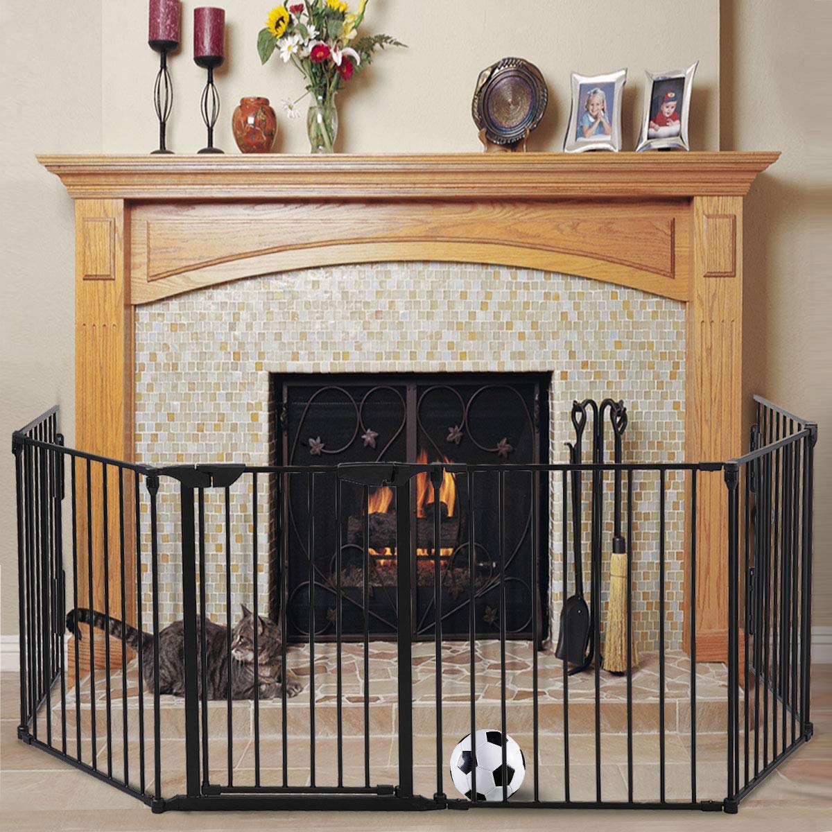 Sandinrayli Fireplace Safety Fence Playpen 132.3-Inch Wide Barrier Pet Gate Guard Metal Fence (White)