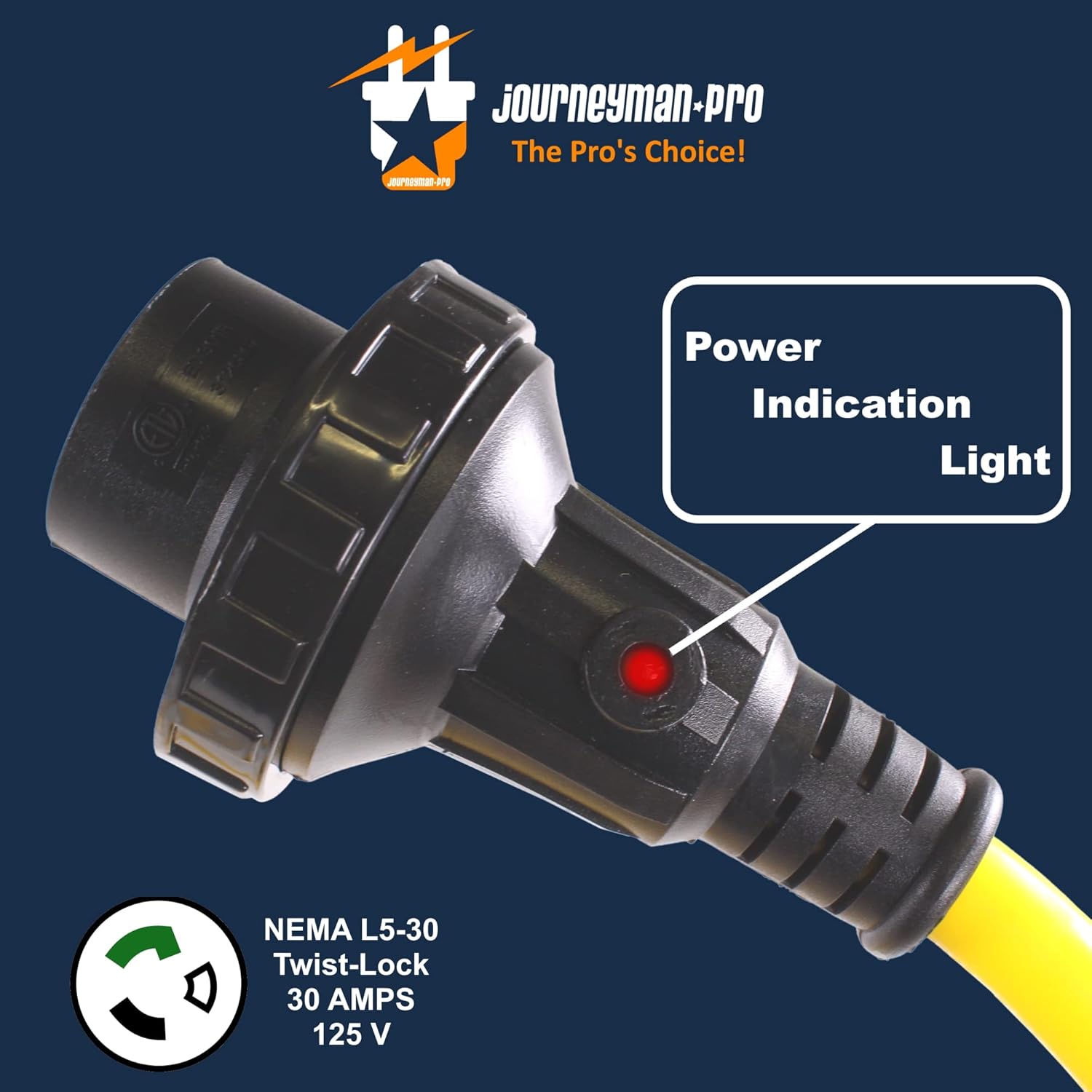 Journeyman-Pro 30A RV Power Extension Cord L530 Locking Female (Safety Yellow), Black Grip Handle w/Power Indicator - 15, 25, 50 Feet Length 125V - 30 AMP, TT-30P to L5-30R(Twist Lock), (15 Feet) Pack of 2