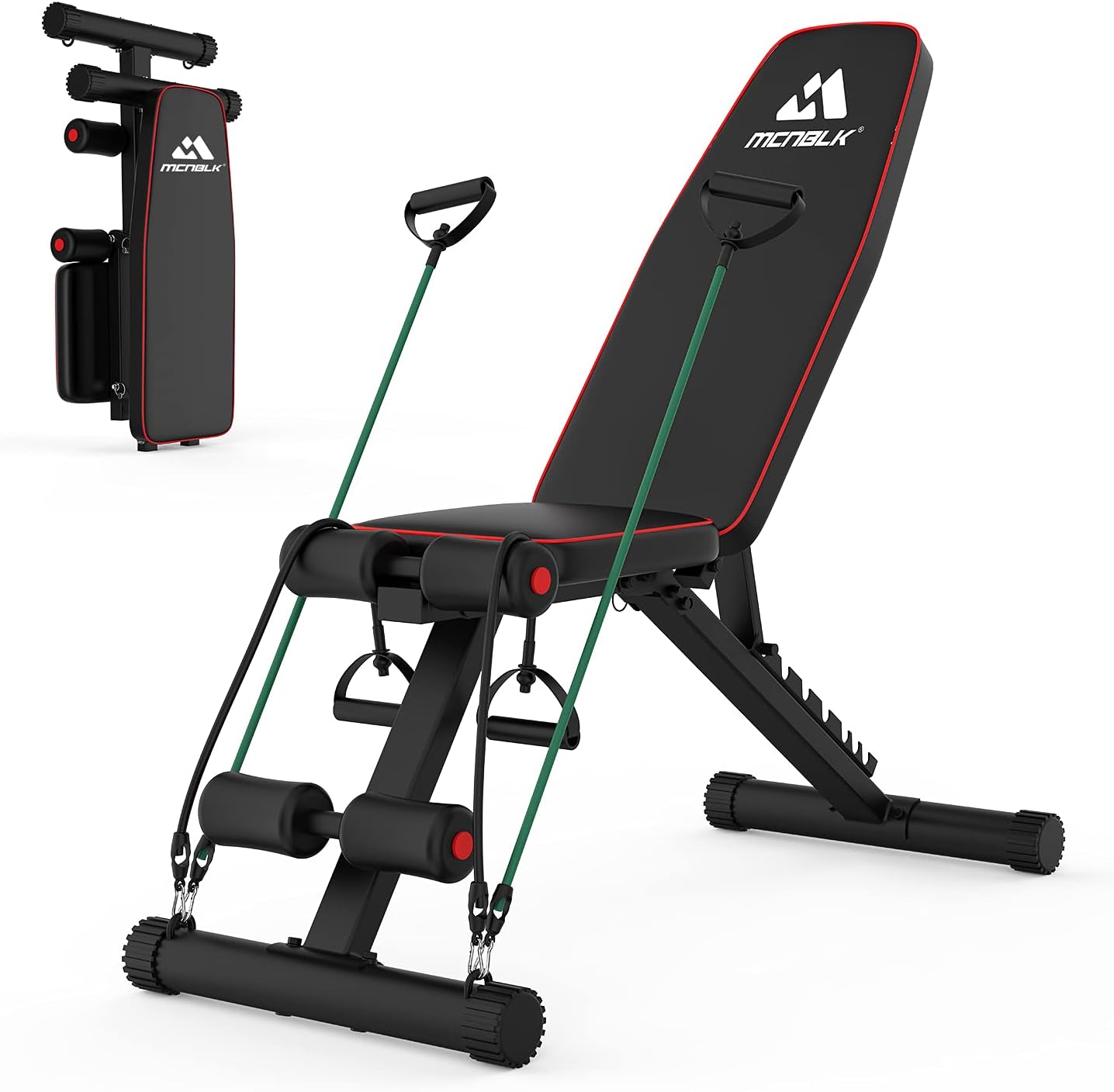 MCNBLK Adjustable Weight Bench 400lbs Capacity, Incline Decline Weight Lifting Workout Bench Home Gym, Multi-Position Utility Bench for Full Body Workout, Folding Dumbbells Bench with Elastic Ropes