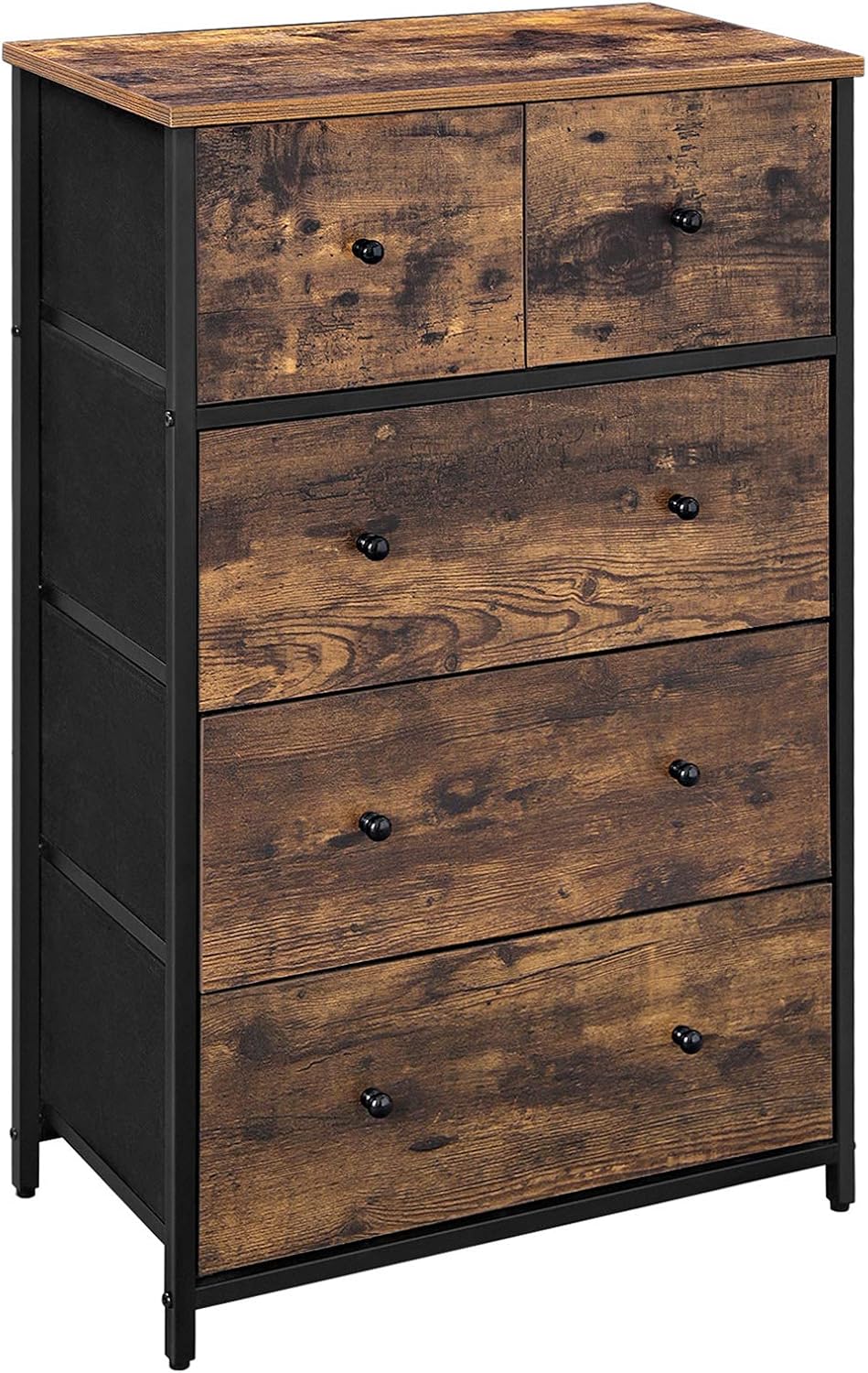 SONGMICS Rustic Drawer Dresser, Storage Dresser Tower with 5 Fabric Drawers, Wooden Front and Top, Industrial Style Dresser Unit, for Living Room, Hallway, Nursery, Rustic Brown and Black ULGS45H