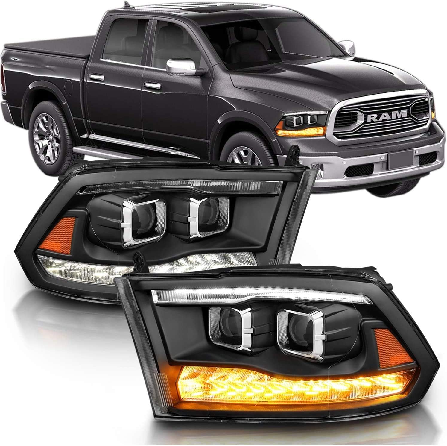 AmeriLite for 2009-2018 Dodge Ram 1500 2500 3500 Black Dual Quad Projector Switchback LED Tube Headlights Assembly for Both Model - Passenger and Driver Side