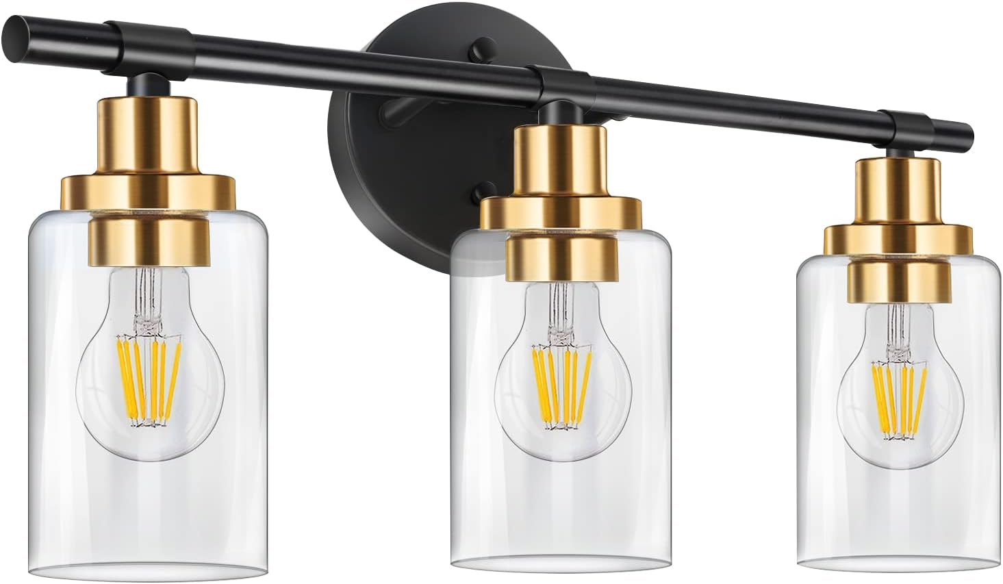 Bathroom Light Fixtures,Afootry 3-Light Black and Gold Vanity Lights Modern Metal Wall Sconces Lighting Fixtures with Clear Glass Shade,Wall Lamp for Mirror Porch Kitchen Bedroom Living Room