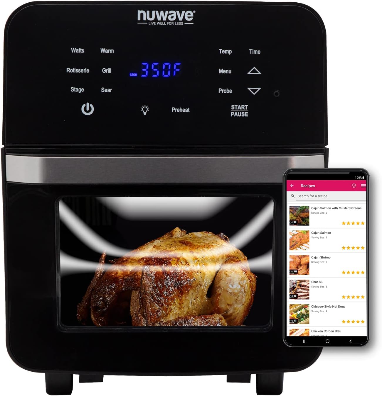 NUWAVE Brio Digital Air Fryer cooking package with one-touch digital controls, 100 easy presets, precise temperature control, recipe book, wattage control, and advanced functions like PREHEAT and REHEAT (15.5QT Brio)