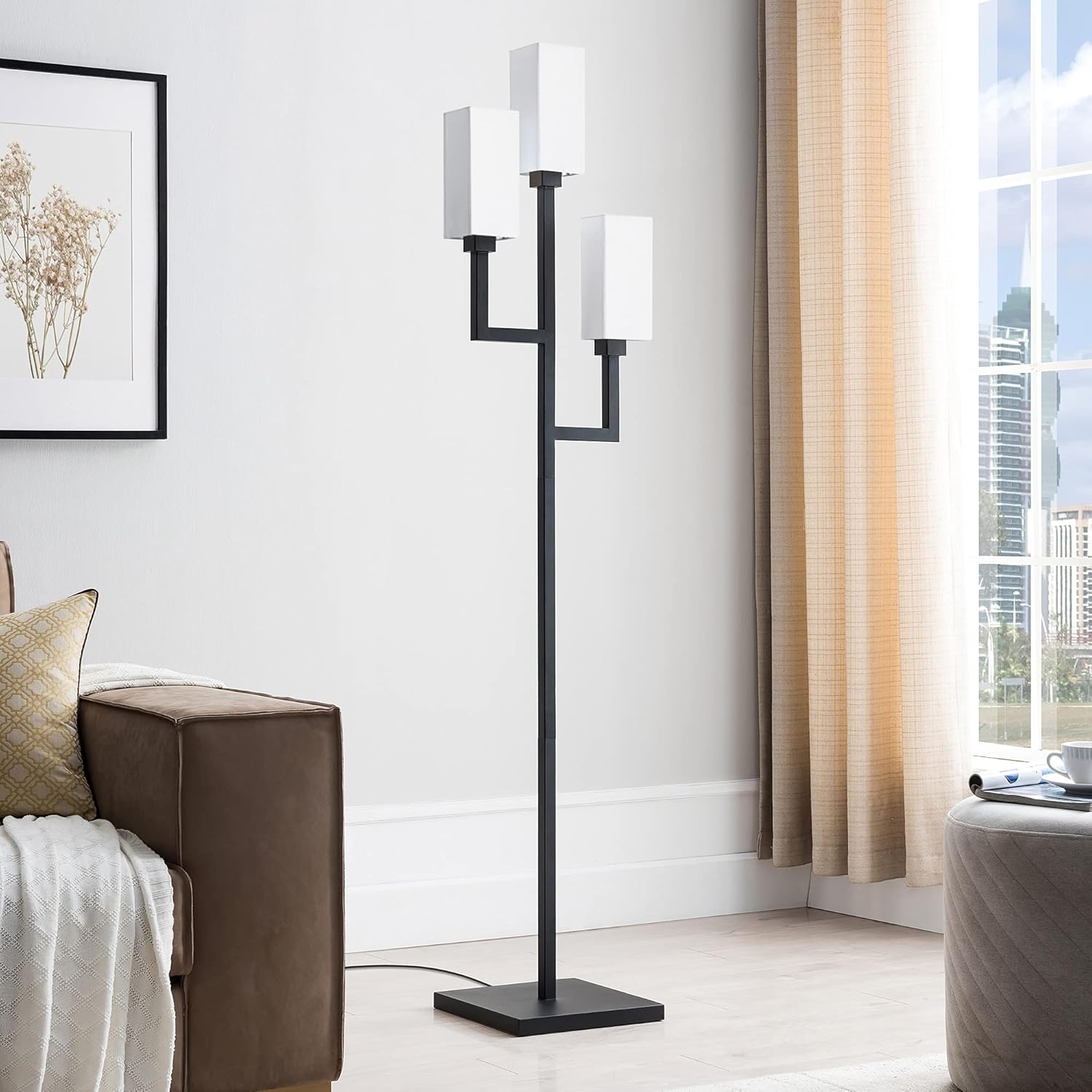 Henn&Hart Traditional 3-Light Torchiere Floor Lamp with Fabric Shades in Blackened Bronze
