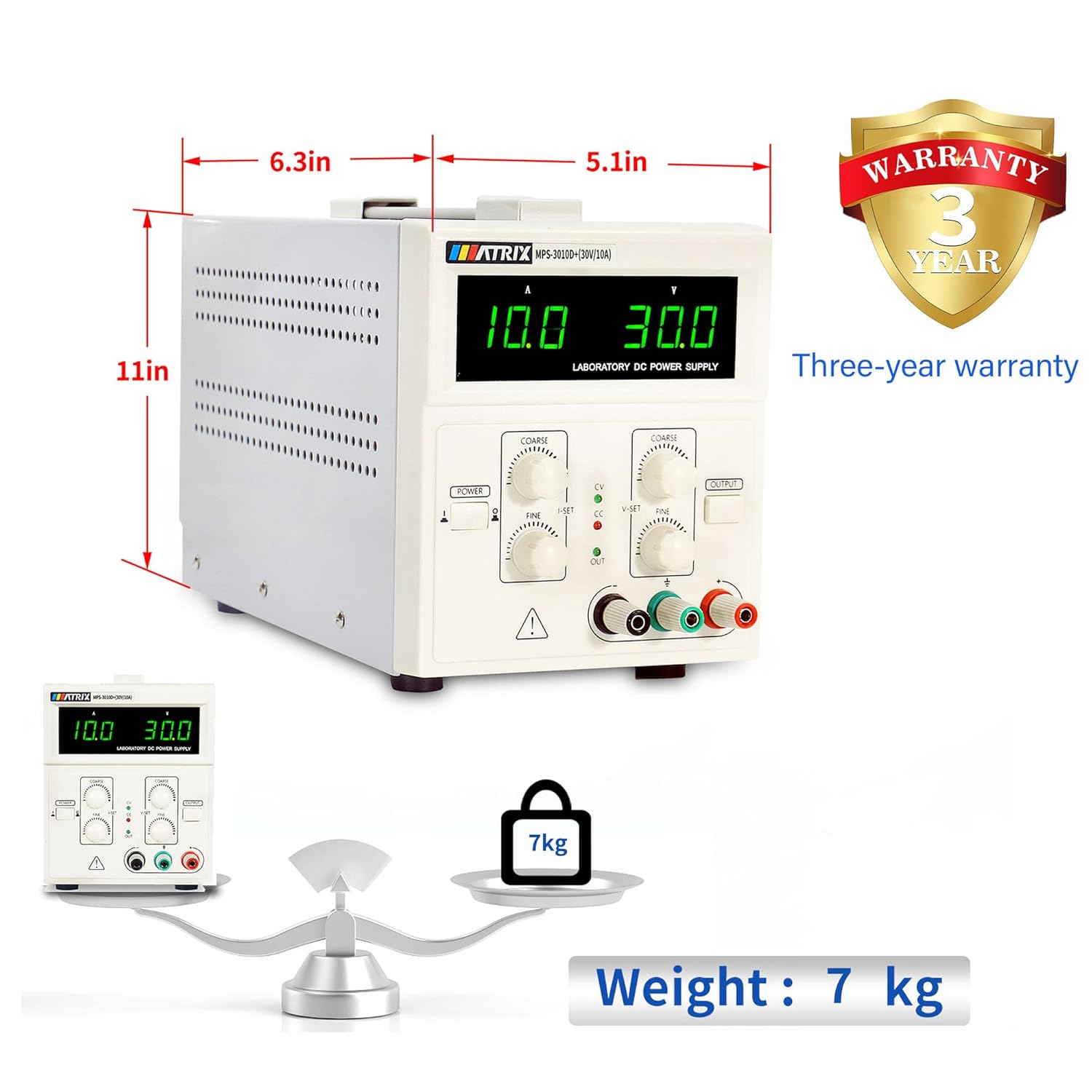 Variable Linear DC Power Supply 30V 10A Adjustable Switching Regulated Low Ripple Bench Linear Power Supply with Alligator Leads, voltage/current pre-setting, output off function MATRIX MPS-3010D+ Pack of 2