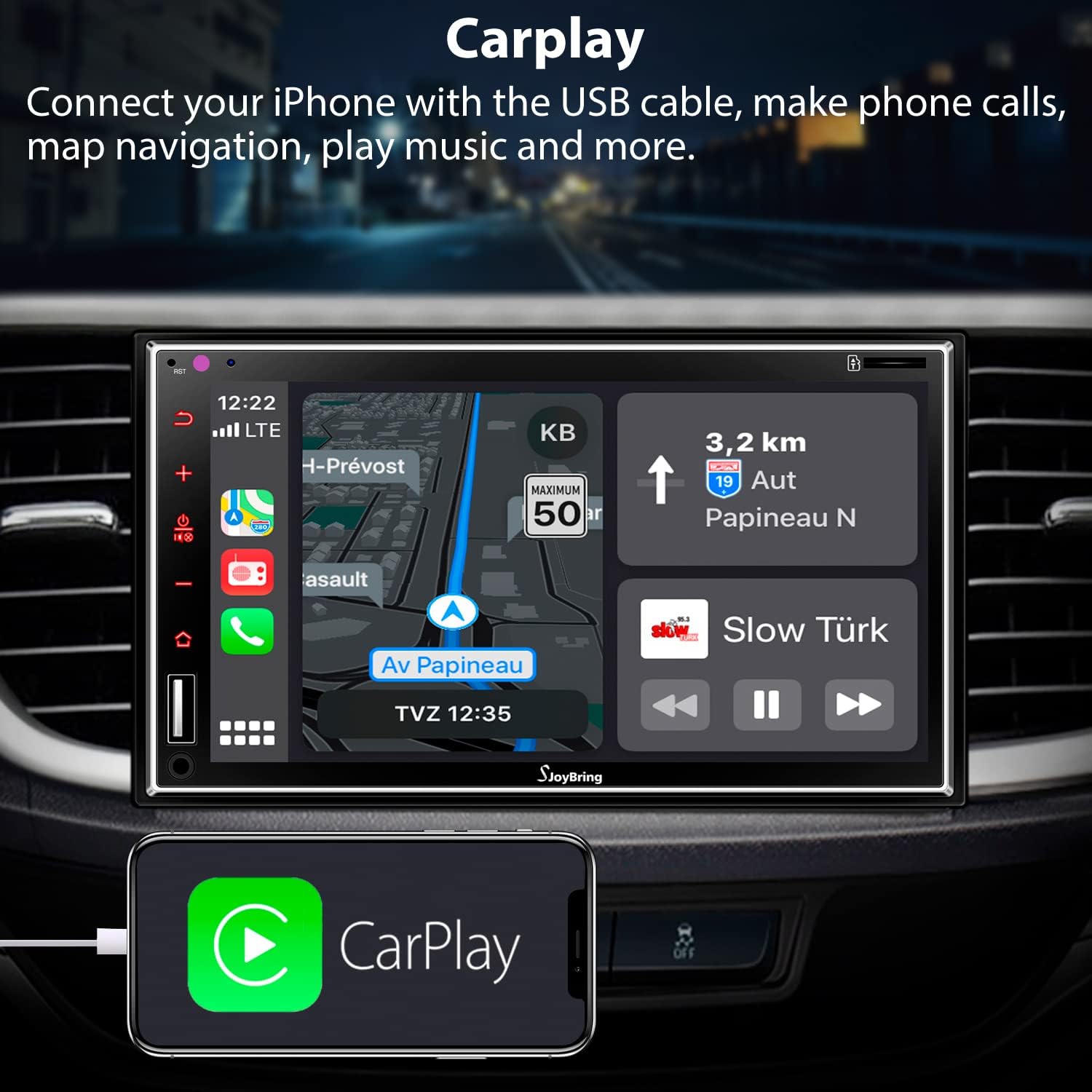 7 Inch Double Din Car Stereo with Voice Control Carplay, HD Touchscreen Car Radio with Bluetooth 5.2, Mirror Link, Subwoofer, Steering Wheel Control, Backup Camera, USB/SD Port, A/V Input, FM/AM