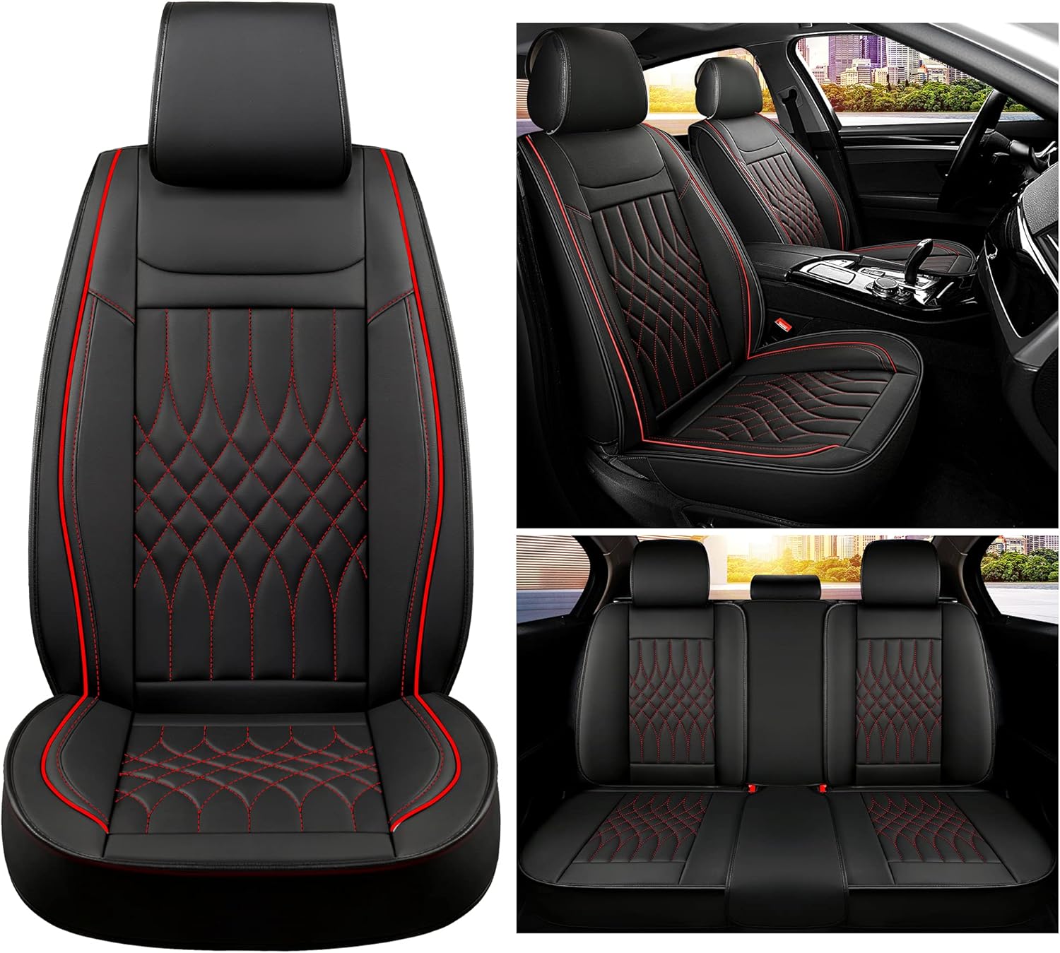 Sanwom Leather Car Seat Covers Full Set, Universal Automotive Vehicle Seat Covers, Waterproof Vehicle Seat Covers for Most Sedan SUV Pick-up Truck, Black and Red