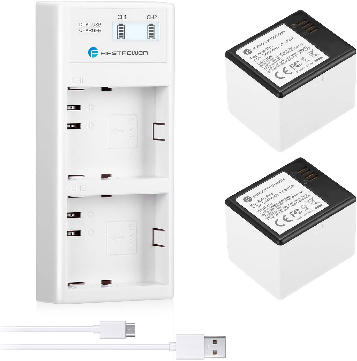 FirstPower Replace Arlo Pro Arlo Pro 2 Upgraded Rechargeable Battery VMA4400 2-Pack & Dual Quick LCD Charger for Arlo Pro, Arlo Pro 2, Arlo Go, Arlo Security Light Batteries Pack of 2