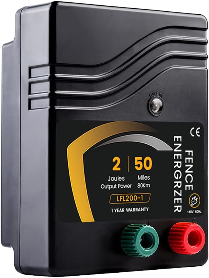 Electric Fence Charger AC Powered 50 Mile 165 Acres,110 Volt, 2 Joule, Output Voltage Max 10 kV | High Power Low-Impedance Electric Fence Energizer