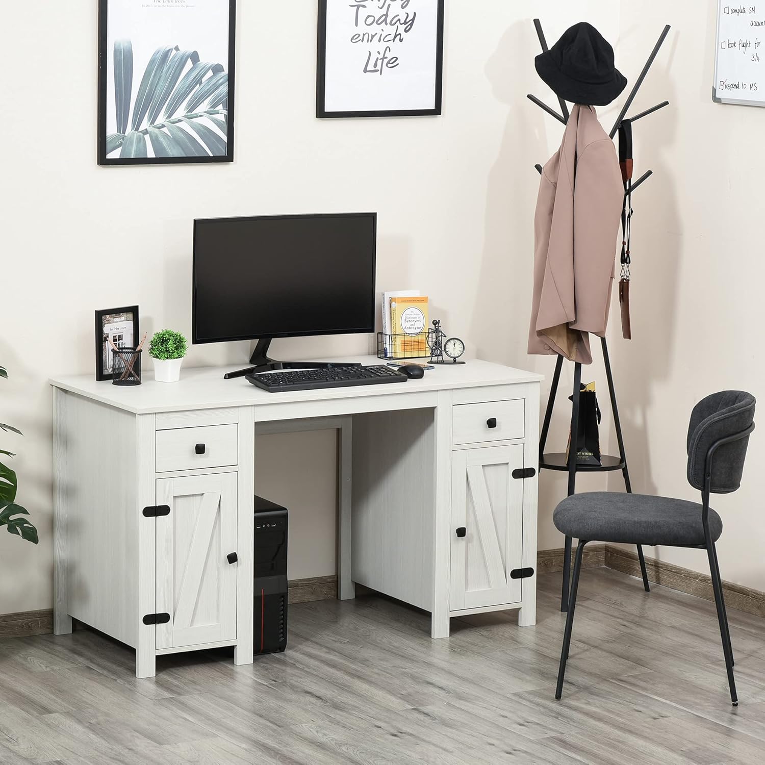 HOMCOM Farm Style Home Office Computer Desk with 2 Drawers, 2 Cabinets with Metal Accent Hardware, White