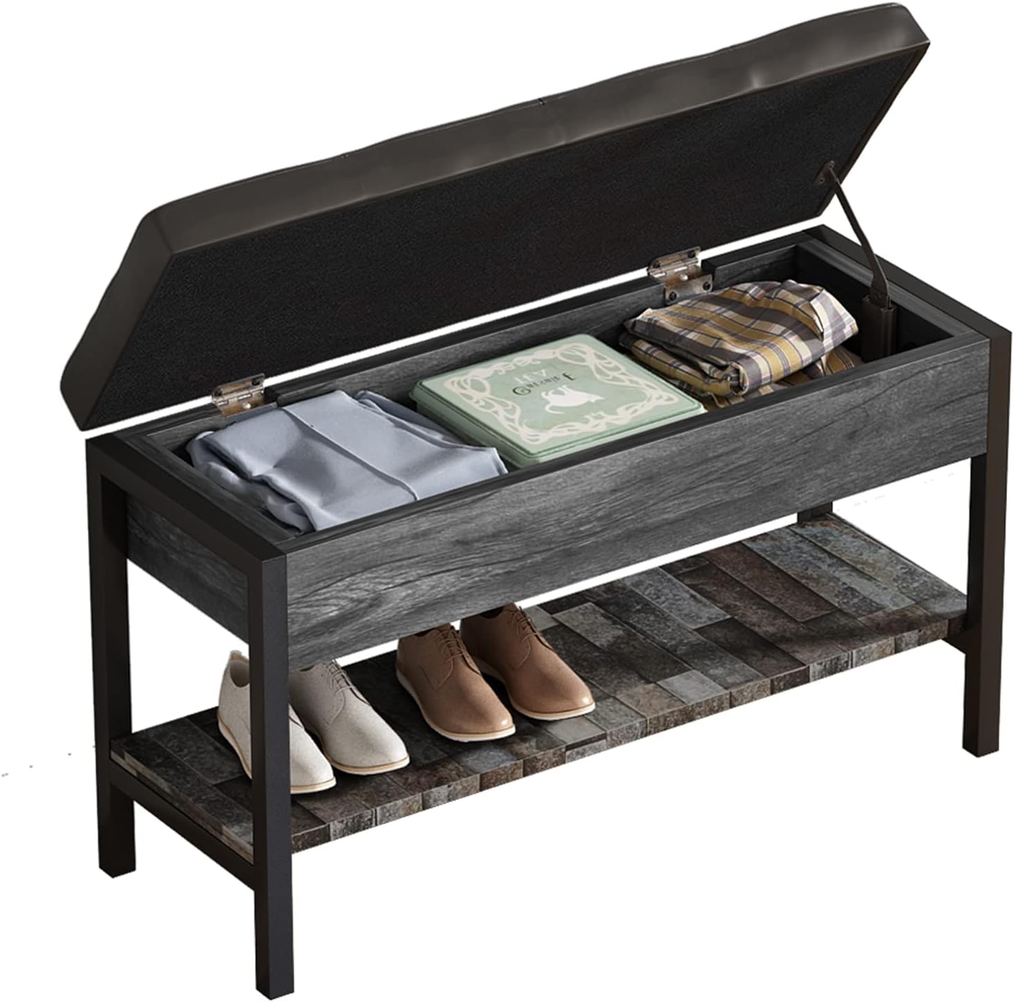 QEEIG Farmhouse Shoe Storage Bench with Cushion Shoes Rack Entryway Bedroom End of Bed Mudroom Window Seat Living Room, Rustic Brown (841-023BN)