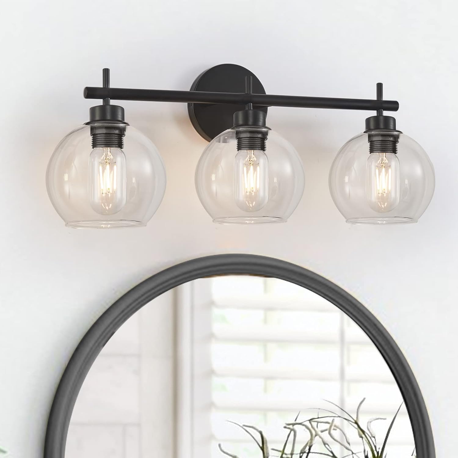 Bathroom Light Fixtures, 3 Light Globe Black Bathroom Vanity Light, Vanity Lights with Metal Base, Clear Glass Globe Shades, Bathroom Light for Mirror, Bedroom, Living Room, Kitchen, Stairs