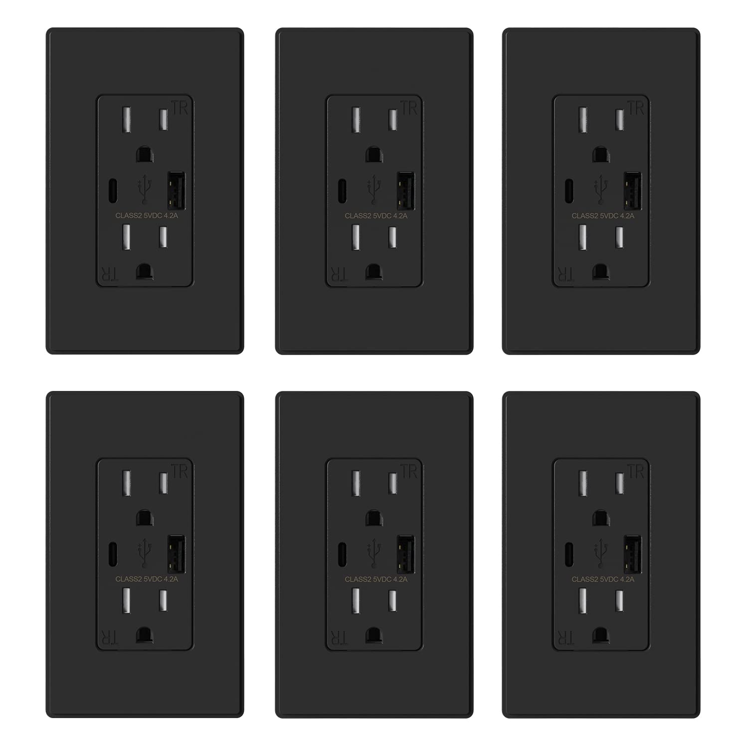 ELEGRP USB Charger Wall Outlet, Type A & Type C 4.2 Amp USB Ports with Smart Chip, 15 Amp Duplex Tamper Resistant Receptacle Plug NEMA 5-15R, Wall Plate Included, UL Listed (6 Pack, Matte White)