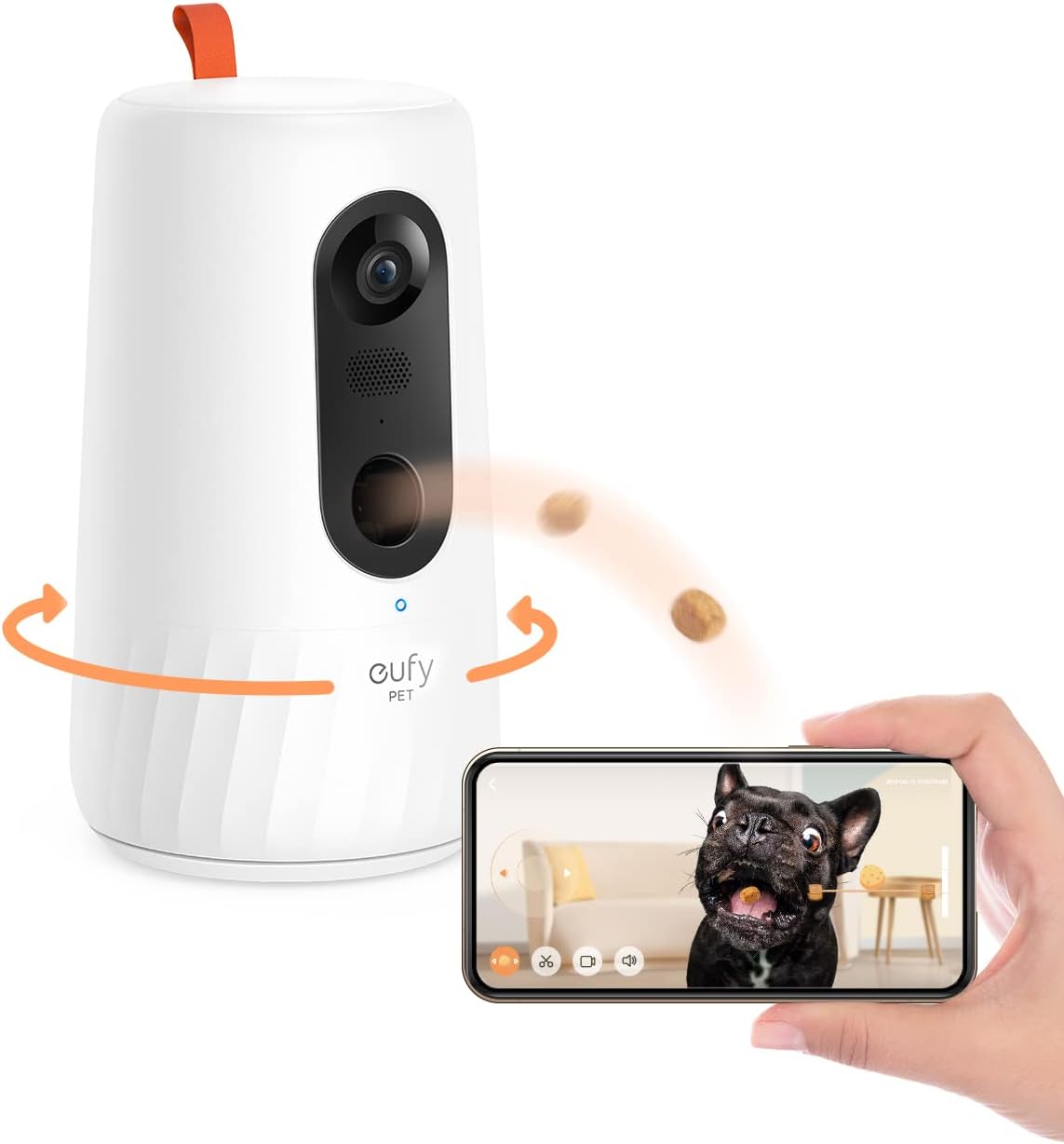 eufy Pet Dog Camera D605, 1080p Dog Camera with Phone App, Pet Camera with 3-Distance Treat Tossing, 270-Degree Rotatable Body, AI Motion Tracking, Night Vision, 2-Way Audio, 16GB Local Storage