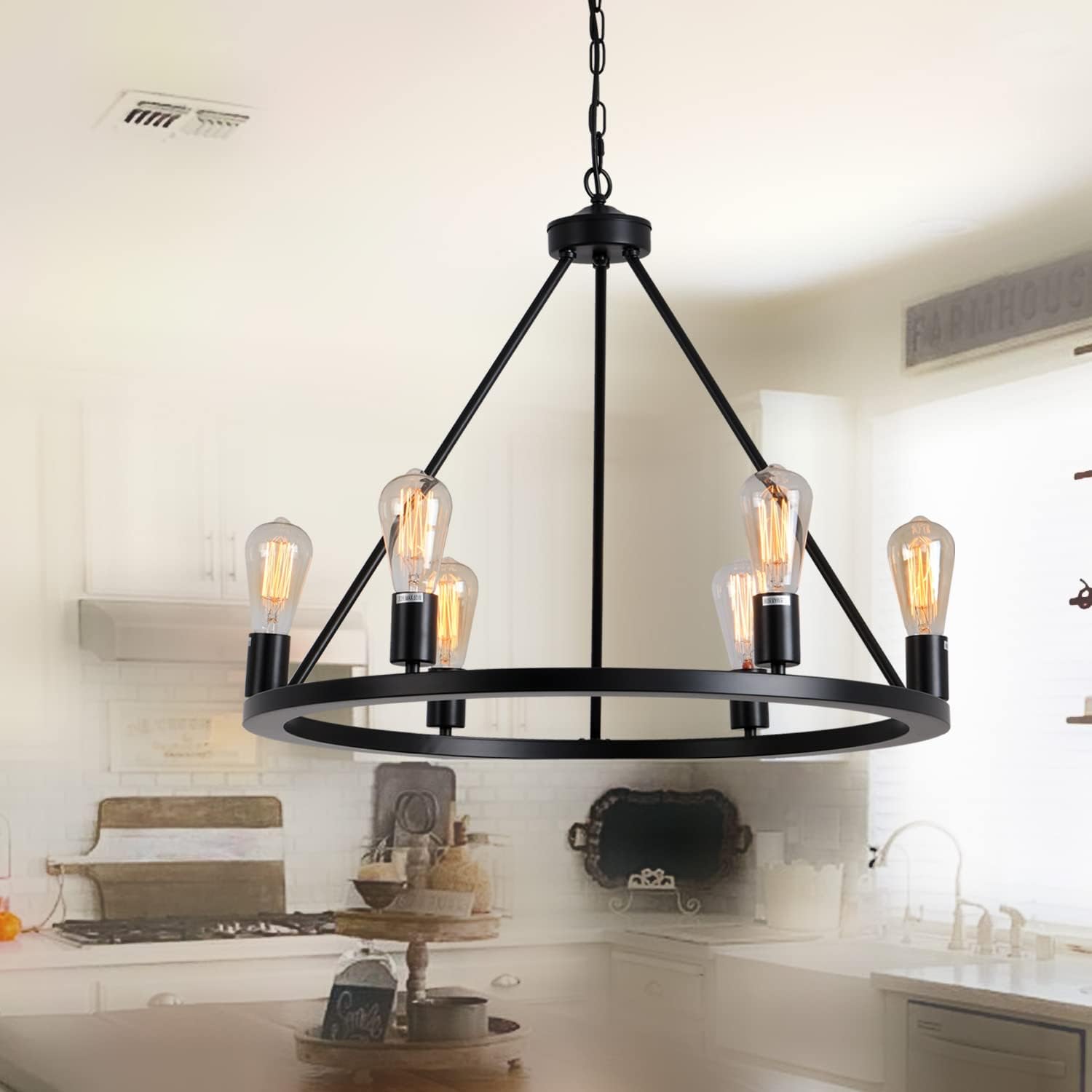 GHGYOBO 6-Light Round Industrial Rustic Metal Farmhouse Chandelier,Diam 25.6inch,Modern Unique Black Wagon Wheel Chandelier,Suitable for Kitchen Island,Dining Room,Farmhouse,Living Room,Foyer,Bedroom