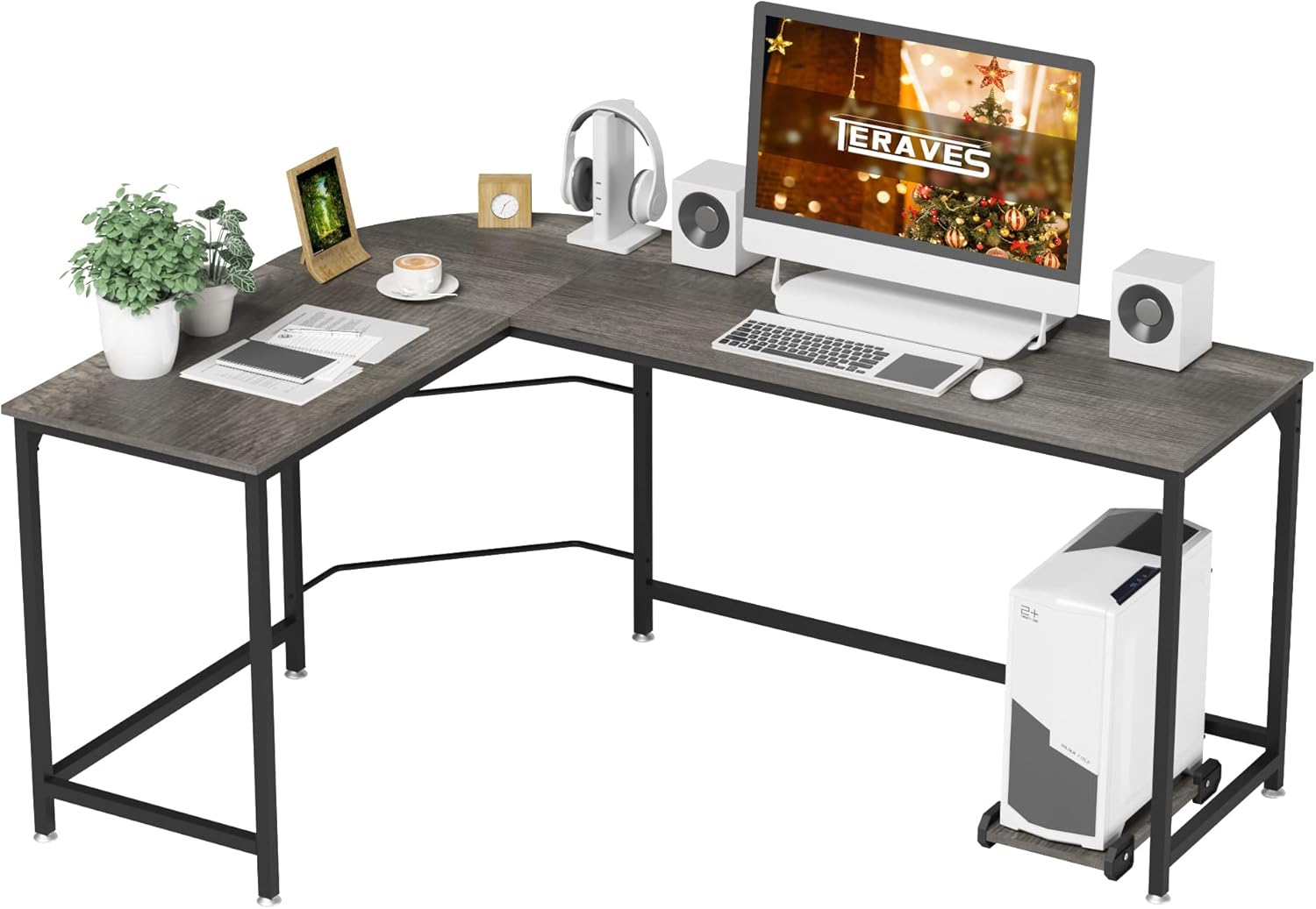 Teraves Reversible L-Shaped Desk Corner Gaming Computer Desk Office Workstation Modern Home Study Writing Wooden Table (Large, New Black Marbling)