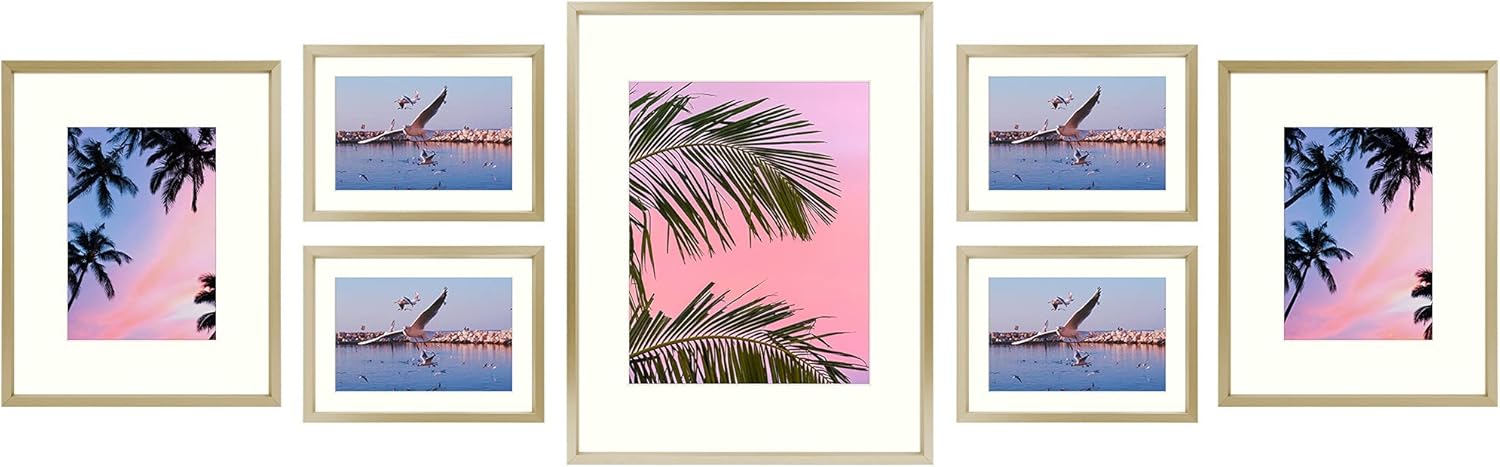 Golden State Art, 7 Pack Frames for One 11x14, Two 8x10, and Four 5x7 Pictures. Aluminum Photos Frame for Wall or Tabletop Display (Aluminum Style 1, Gold) Pack of 2