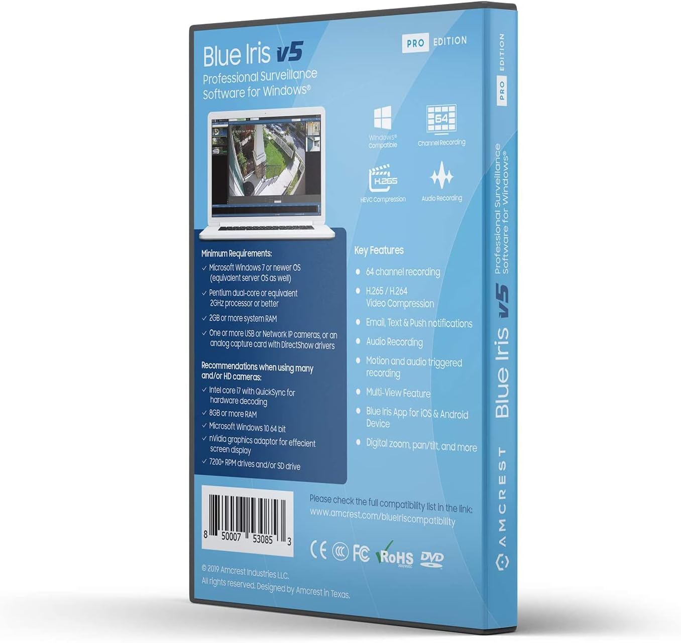 Amcrest Blue Iris Professional Version 5 - Supports Many IP Camera Brands Including Amcrest, Zone Motion Detection, H.265 Compression Recording, E-Mail and SMS Text Messaging Alerts!(BLUEIRISCD-V5) Pack of 2