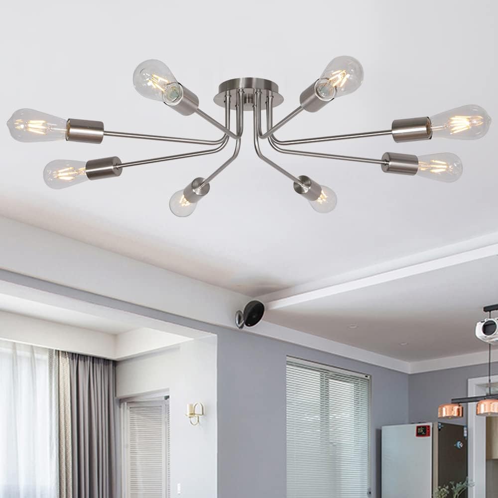 TULUCE Vintage 8 Light Ceiling Light Industrial Metal Black Sputnik Semi Flush Mount Light for Dining Room Living Room Kitchen