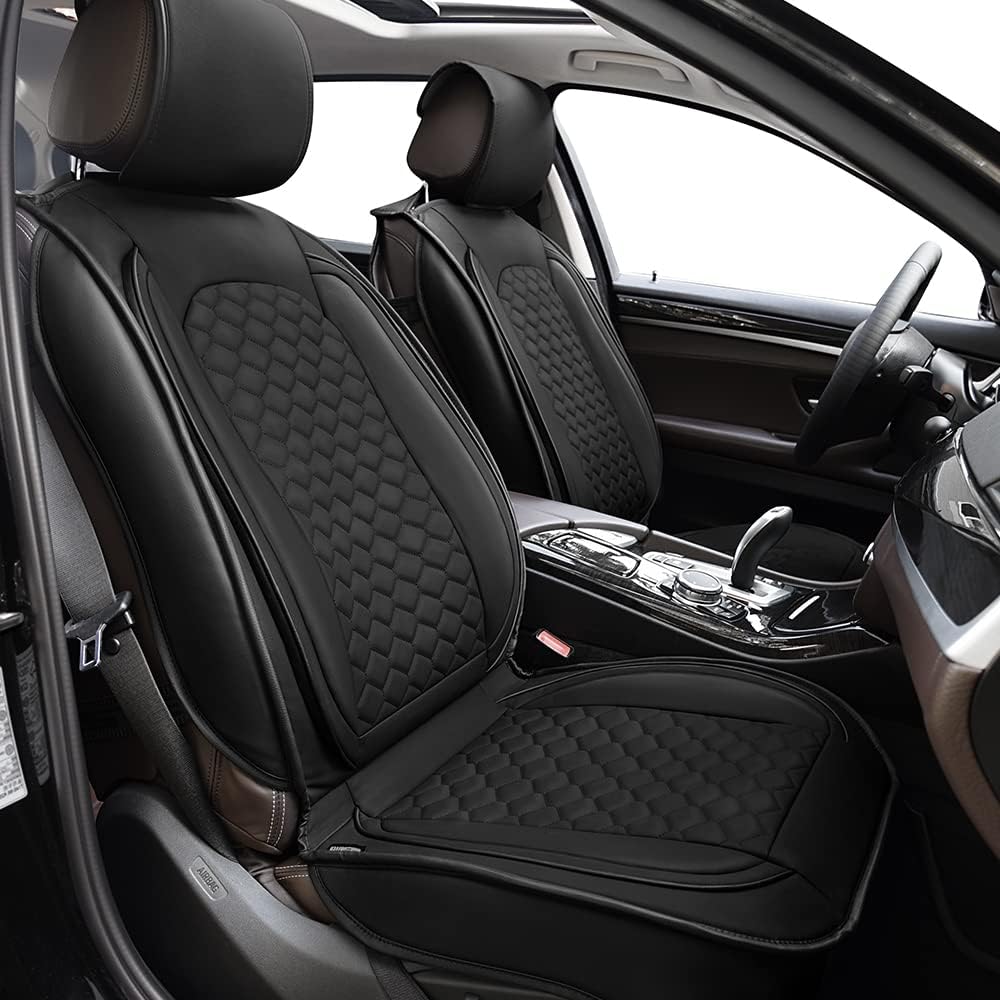 Car and Driver Leather Car Seat Covers, Waterproof Leather Auto Seat Protection Universal Airbag Compatible Fit for Most Sedans SUV Pick-up Truck（Front Seat Covers 2 Pieces-Black）