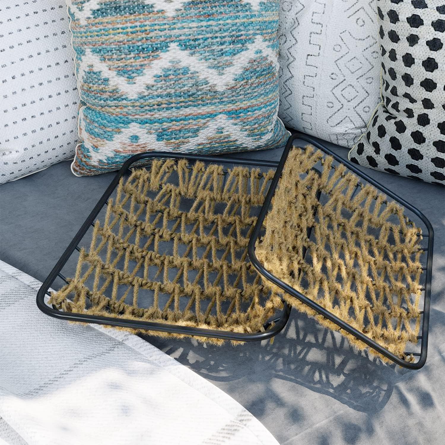 COSIEST Nesting Metal Serving Trays with Hemp Rope,Hollow Design Decotative Storage Trays Set of 2 for Home Decor Pack of 2