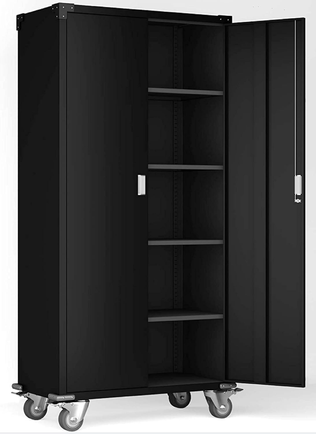 Mskewoax 72''H Steel Storage Cabinet with Wheels and Lock, Metal Utility Cabinet with Doors and Adjustable Shelves for Garage, Kitchen, Office and Laundry Room (Assembly Required) Black