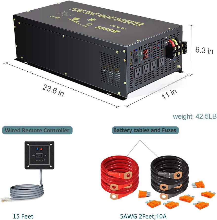 Reliable 8000W Continuous Power Heavy Duty Pure Sine Wave Power Inverter DC 48V to AC 120V with 4 AC Outlets Remote Control 66A Hardwire Terminal and LED Display for RV Car Solar System Emergency