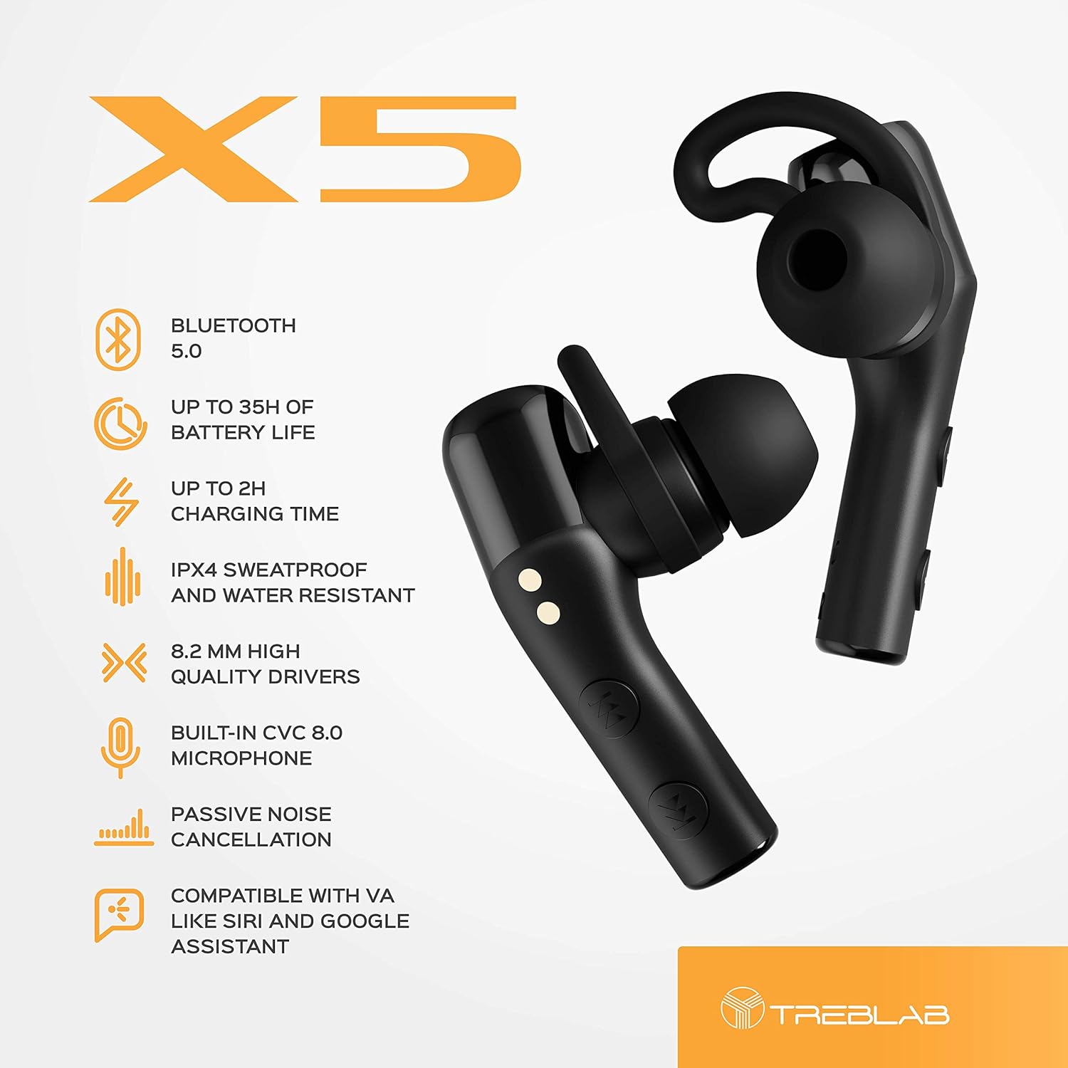 True Wireless Earbuds TREBLAB X5 Bluetooth 5.0 with Microphone 35H Playtime Noise Cancelling Headphones TWS Cordless Earphones w/Deep Bass for Sports/Running/Workout w/Charging Case Black Pack of 2