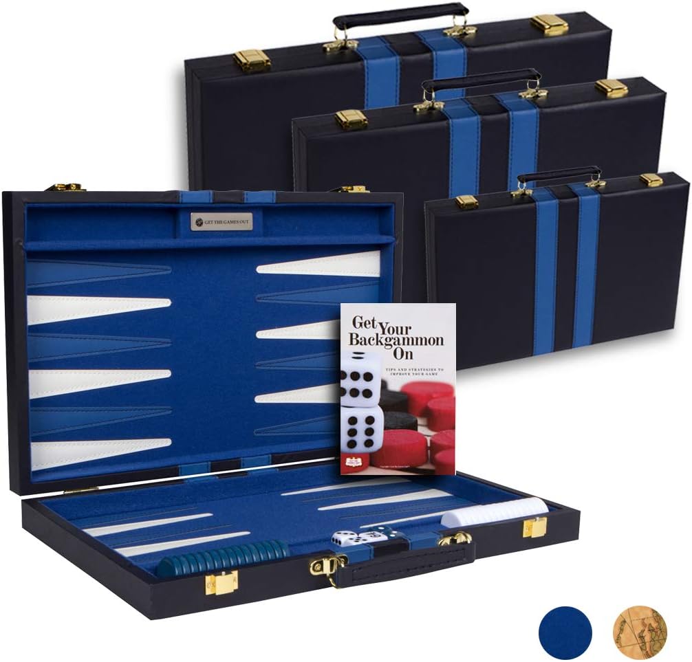 Get The Games Out Top Backgammon Set - Classic Board Game Case - Best Strategy & Tip Guide - Available in Small, Medium and Large Sizes (Blue, Large) Pack of 2