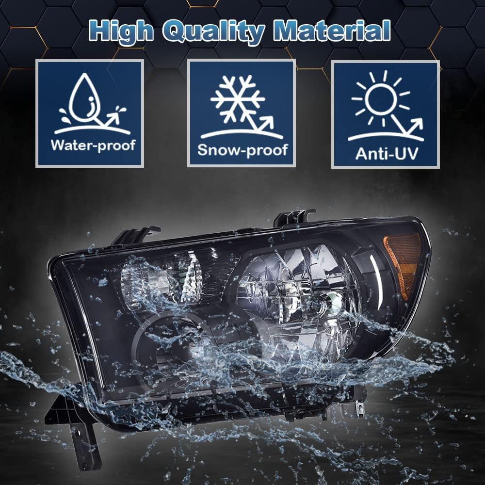 PIT66 Headlights, Compatible with 07-13 Toyota Tundra/08-17 Toyota Sequoia Passenger Side Headlamps Assembly Left & Right Smoke Lens Black Housing Amber Reflector