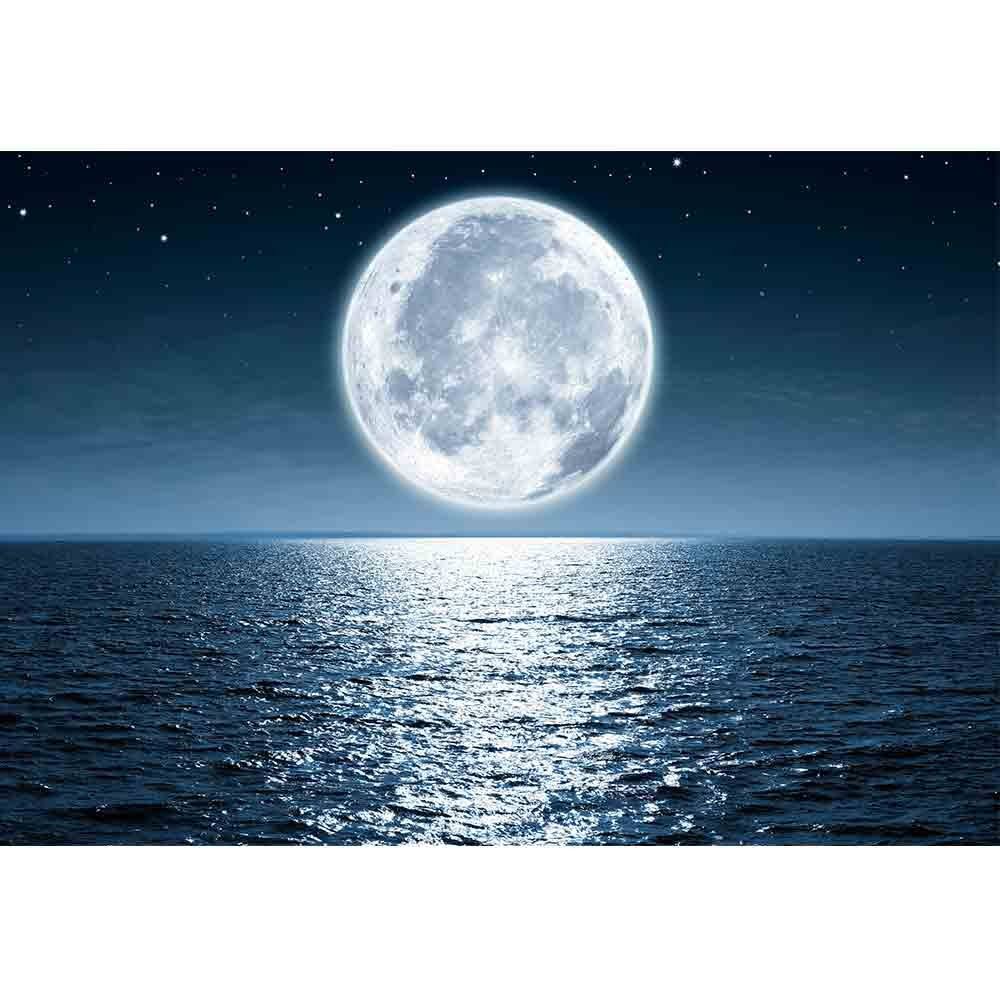 Wall26 - Full Moon Rising Over The Ocean Empty at Night with Copy Space - Removable Wall Mural | Self-Adhesive Large Wallpaper -