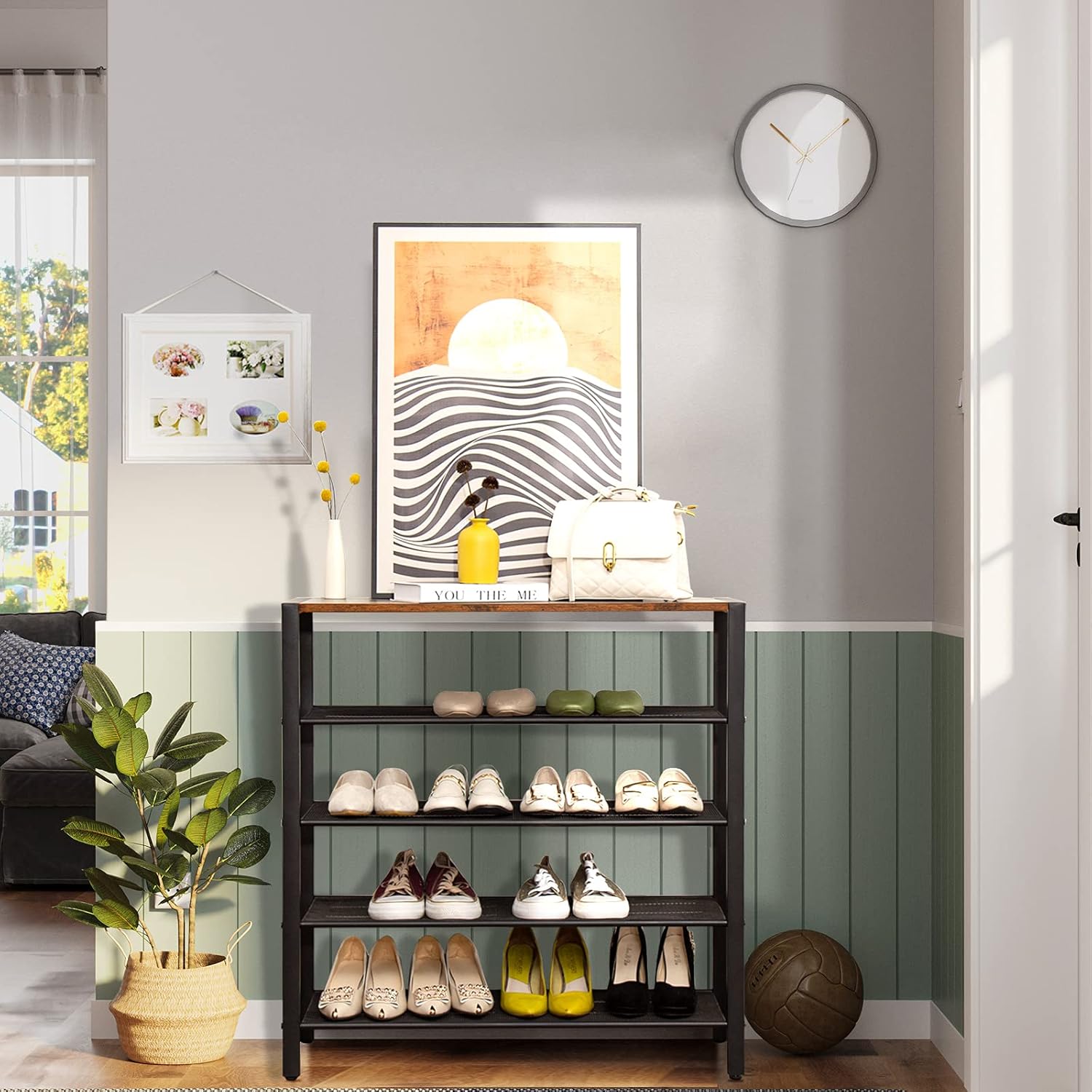 BEEWOOT Industrial 5 Tiers Shoe Rack,Shoe Bench,16 Pairs Shoe Rack Organizer, Shoe Shelf for Entryway, Hallway, Closet, Stable Metal Frame and Easy Assembly, Rustic Brown SR01BB004