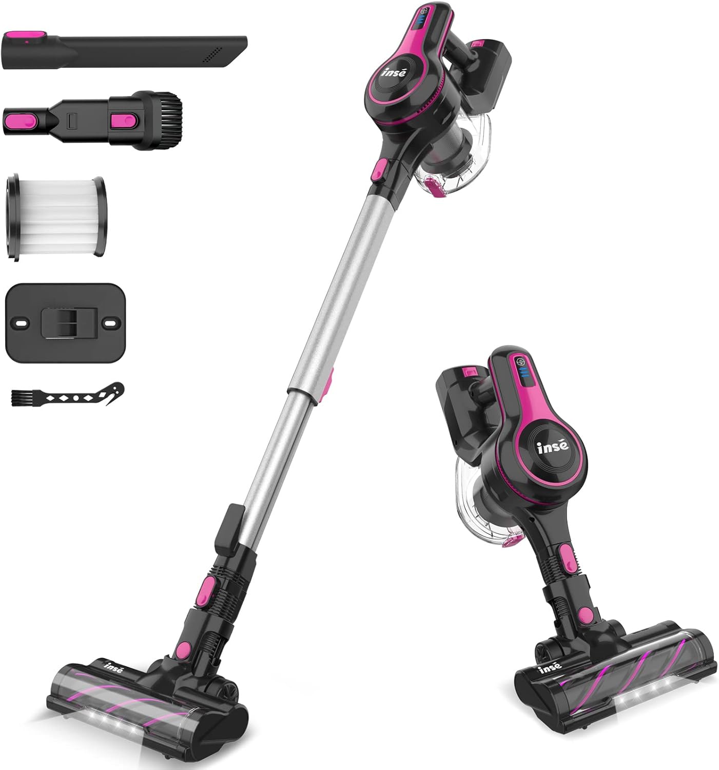 INSE Cordless Vacuum Cleaner, 6-in-1 Rechargeable Stick Vacuum with 2200 m-A-h Battery, Powerful Lightweight Quiet Vacuum Cleaner, Up to 45 Mins Runtime, for Home Hard Floor Carpet Pet Hair- N5S Rose
