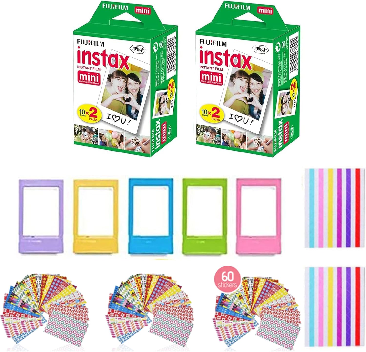Fujifilm Instax Mini Instant Film (2 Pack, 40 Sheets) 5 Plastic Desk Frames + 60 Sticker Frames + 2 Packs Corner Stickers Pack of 2