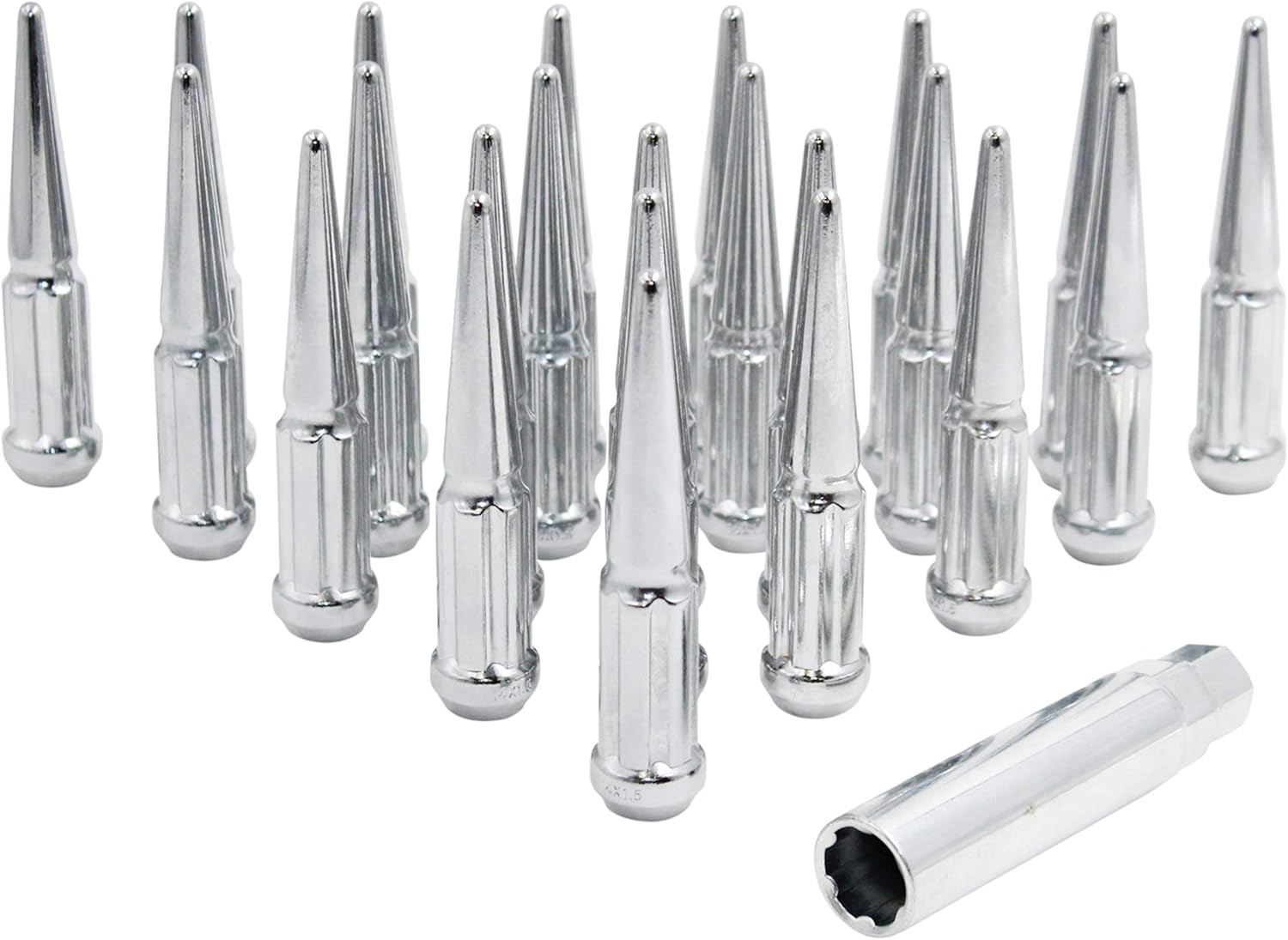 Wheel Accessories Parts Set of 24 Chrome Spiked Solid Metal Lug Nuts M14x1.5 Thread 4.4 Inch Tall Closed End Bulge Acorn Spike Lug Nut 1 Long Socket Key