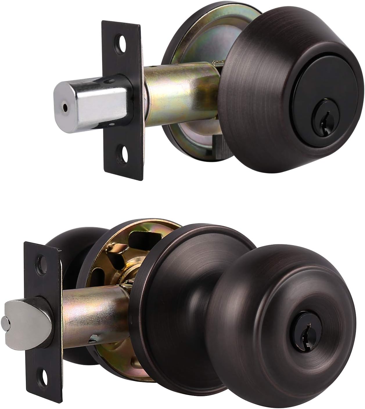 Probrico (6 Pack)Round Ball Front Door Keyed Entry Knobs and Single Cylinder Deadbolt Combo Sets, Flat Black, Keyed Alike