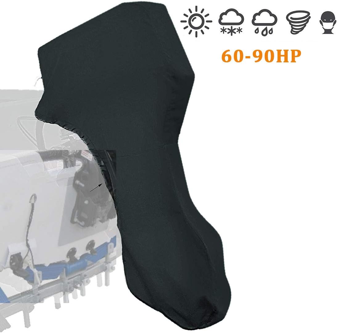 Coverify Full Outboard Motor Cover 60-90 HP Black Heavy Duty Full Boat Outboard Motor Cover 600D Waterproof Motor Hood Cover with Windproof Strap Pack of 2