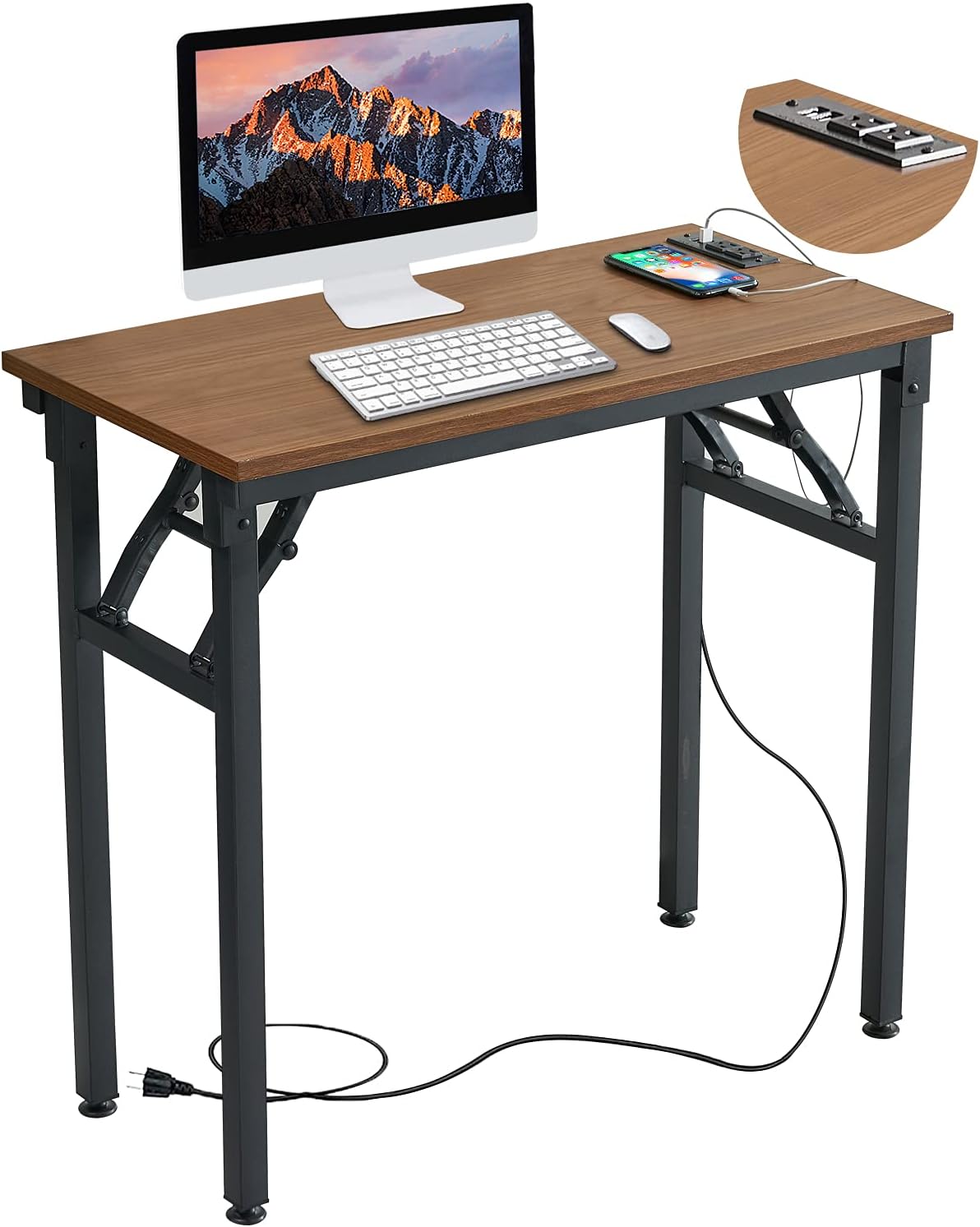31.5'' Folding Desk with USB Ports & Power Plugs Computer Desk for Small Space No Assembly Required, Portable Office Writing Computer Desks for Home Office, Brown