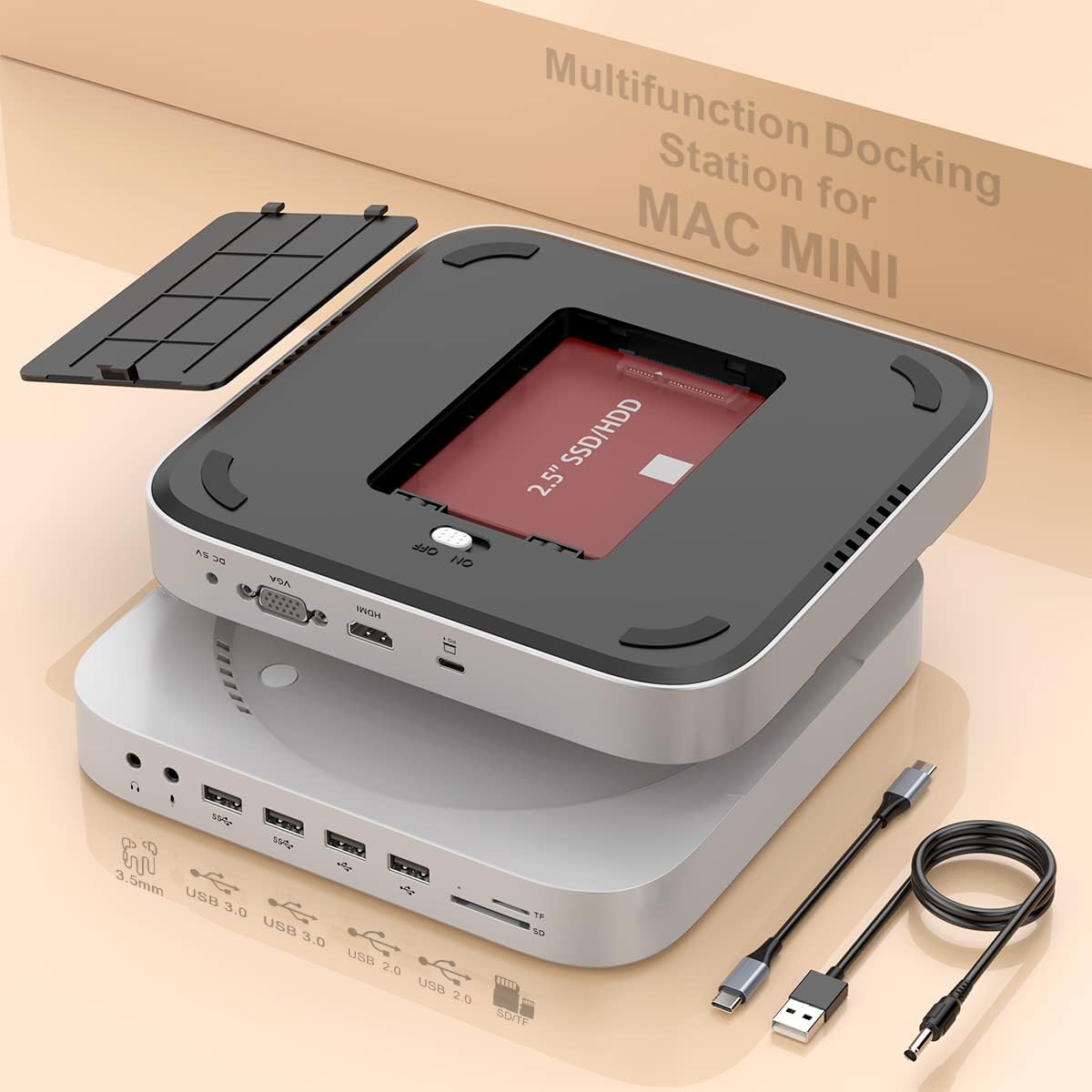 Mac Mini Dock with Hard Drive Enclosure,12 in 1 USB-C Docking Station for Mac Mini M1with HDMI,VGA,SSD/HDD Slot,USB 3.0,USB 2.0,TF/SD Card Solt,Video/Audio Jack Compatible with 2018/2020 Mac Mini Dock