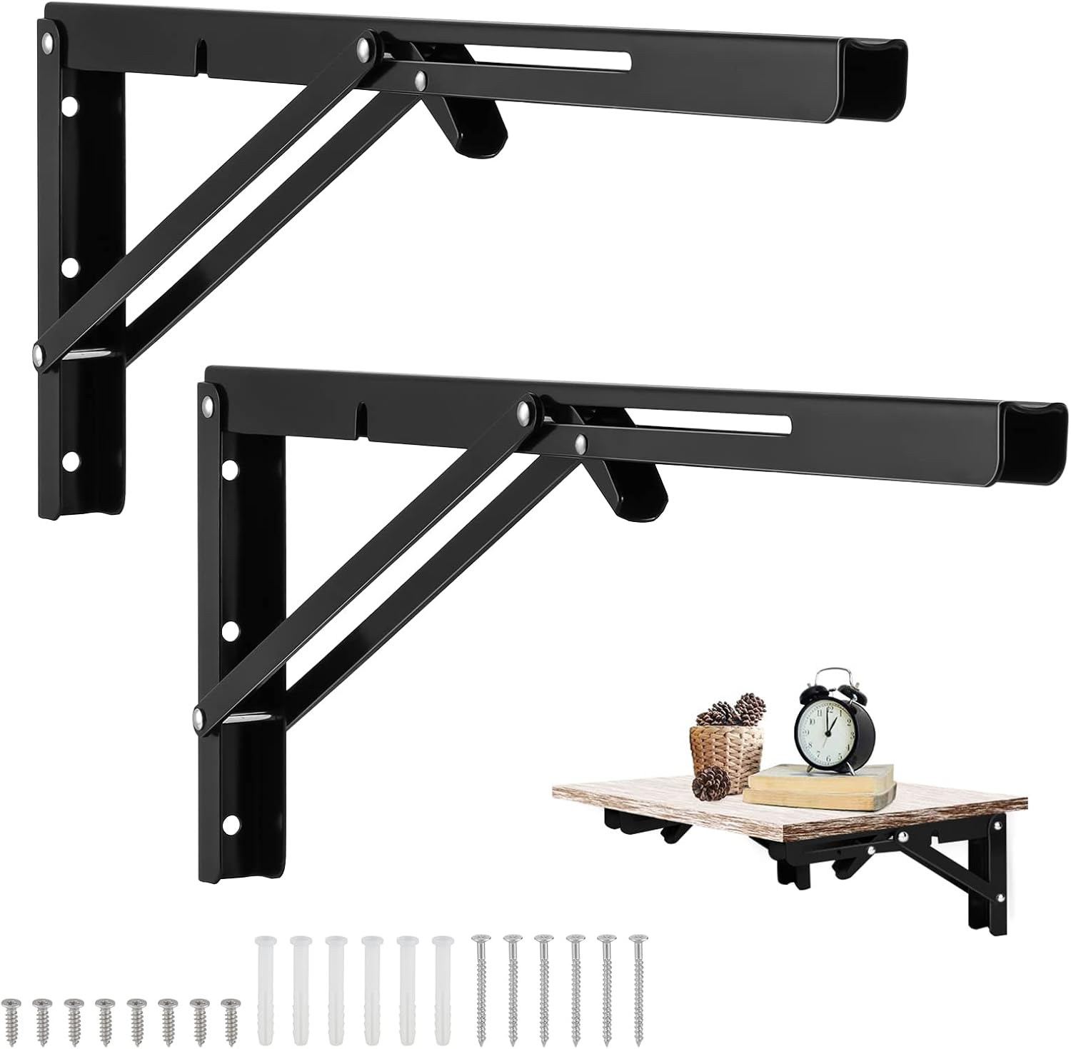 OCR Folding Shelf Brackets 16 Inch Collapsible Shelf Bracket Heavy Duty Metal Triangle Table Bench Folding Shelf Bracket Foldable Table Shelf Hinges, Floating Shelf Hardware - 2 Pack (16 Inch, Black) Pack of 2