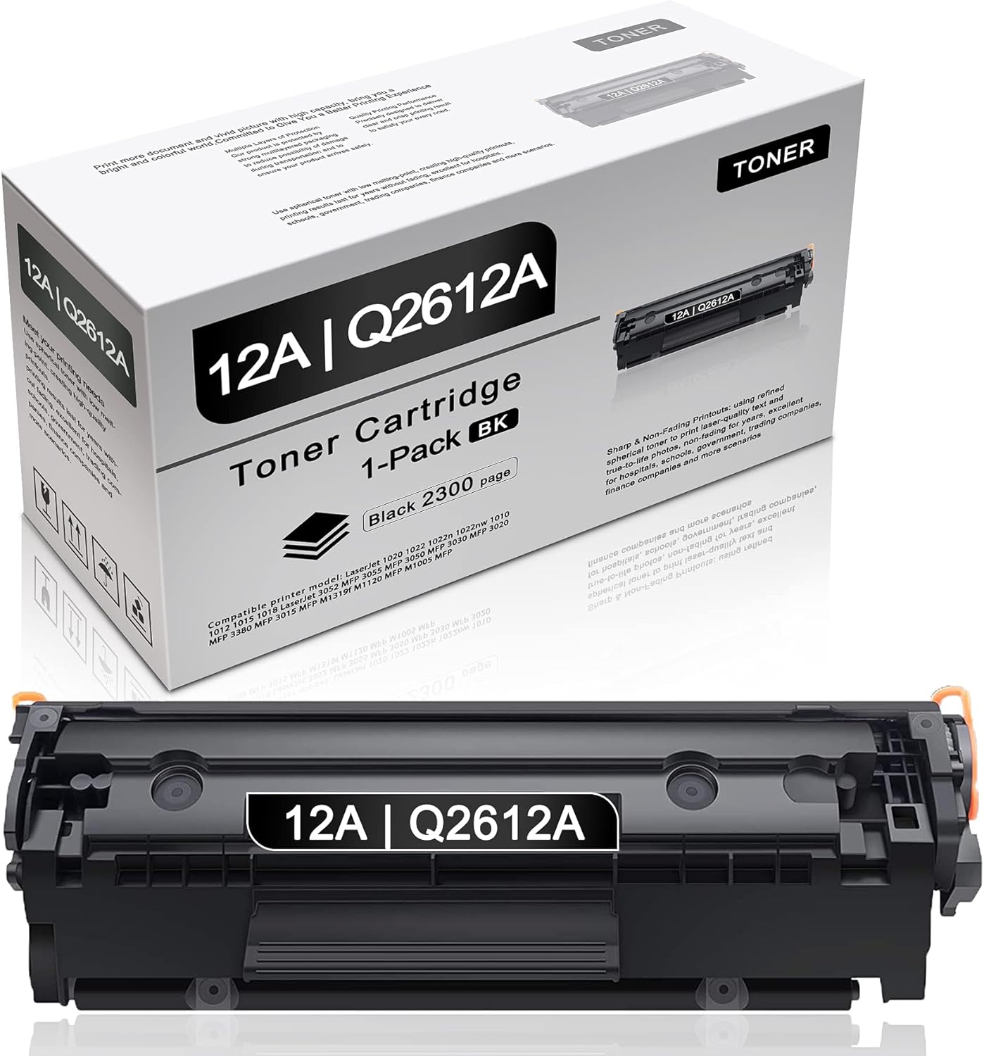 Compatible 1 Pack 12A Q2612A Toner Cartridge Replacement for HP 12A 1020 1018 1022 1012 1015 1022nw 1022n 1010 3052 3050 M1319f 055 3380 3015 M1005 MFP Printer Toner Cartridge. Pack of 2