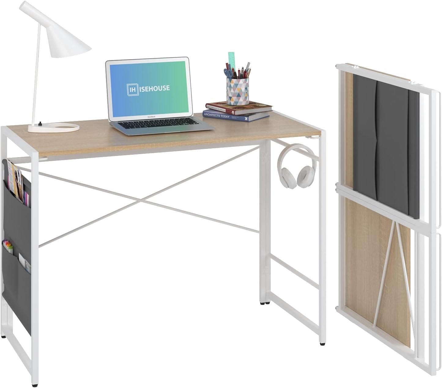 ISE House Folding Computer Desk 39 inches Study Office Desk for Home Office,Writing Desk Foldable Table for Small Spaces Pack of 2