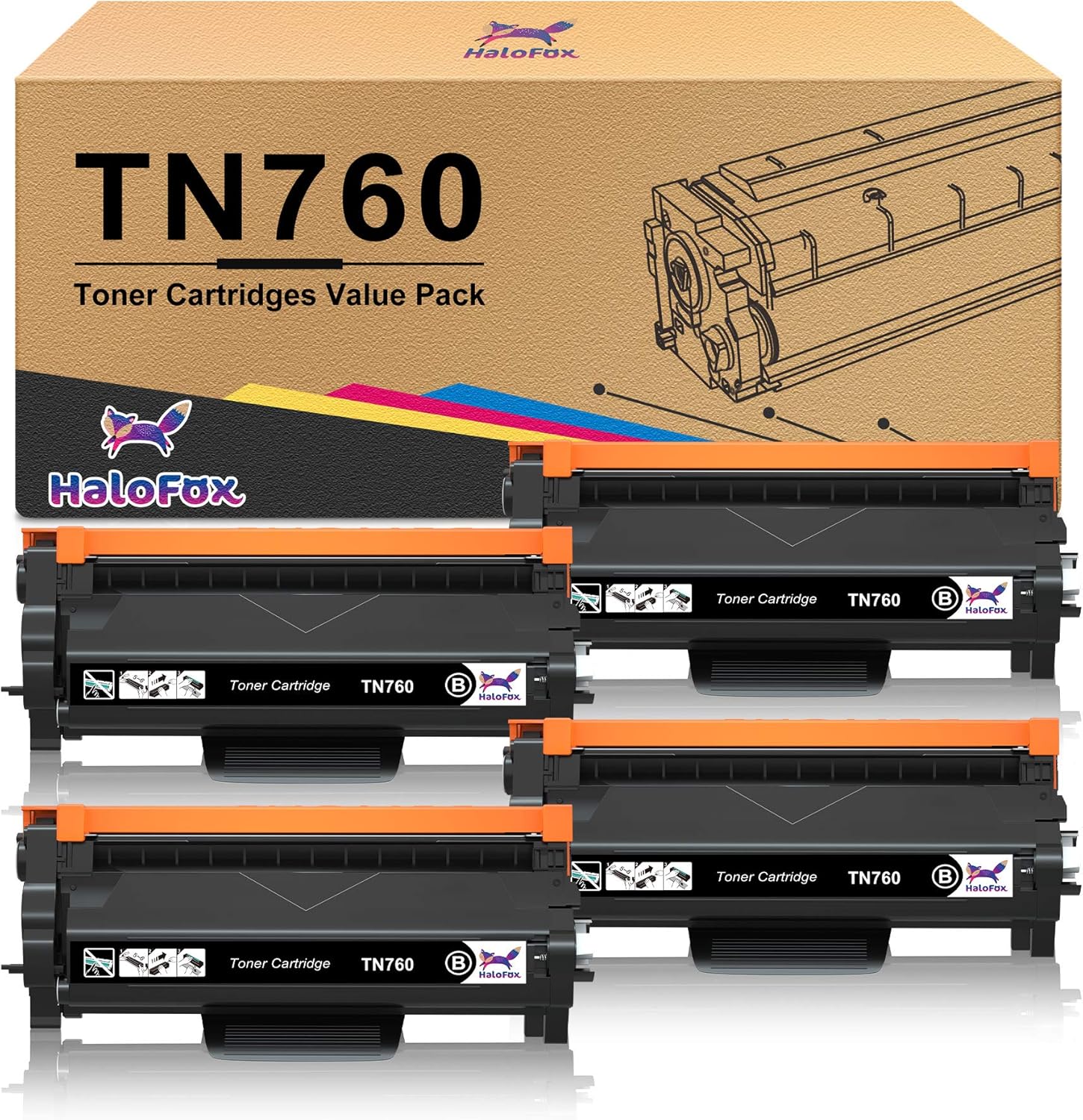 HaloFox Compatible Toner-Cartridge Replacement for Brother TN760 TN-760 TN730 TN-730 for Brother HL-L2350DW HL-L2395DW HL-L2390DW HL-L2370DW MFC-L2750DW MFC-L2710DW DCP-L2550DW (Black, 4-Pack) Pack of 2