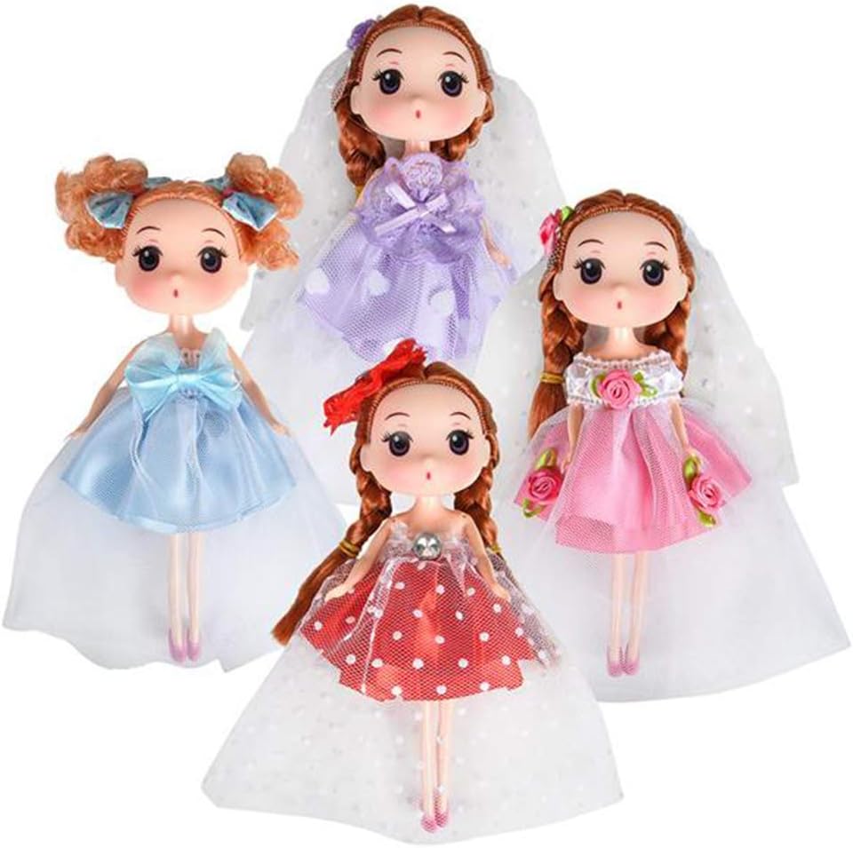 ArtCreativity Cute Toy Dolls for Girls, Set of 4, 6.5 Inch Dolls with High Heels, Pretty Dresses, & Hair Accessories, Birthday Party Favors for Girls, Goodie Bag Fillers, Princess & Tea Party Supplies