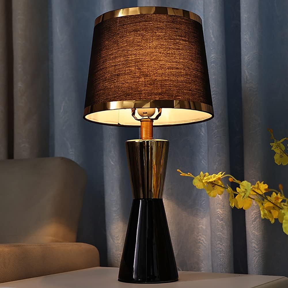 huanyxc Modern Bedside Ceramic small Table Lamp,American Retro Black Linen Drum Shade Bedroom Nightstand Lamp,Creative Romantic Waist Shape Light for Living Room Home Office Study ( Color : White )