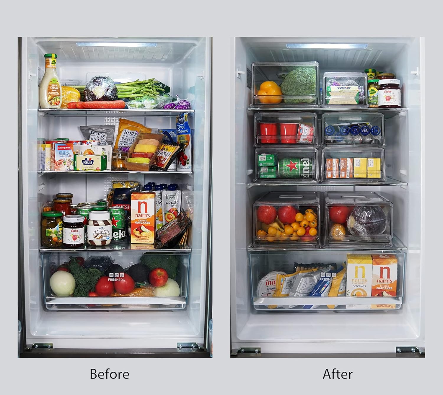 GREENTEC Stackable Refrigerator Organizer Bins, Pull Out Fridge Drawer, Clear Storage Container, Food Pantry for Kitchen, BPA Free, PET, Large Pack of 2