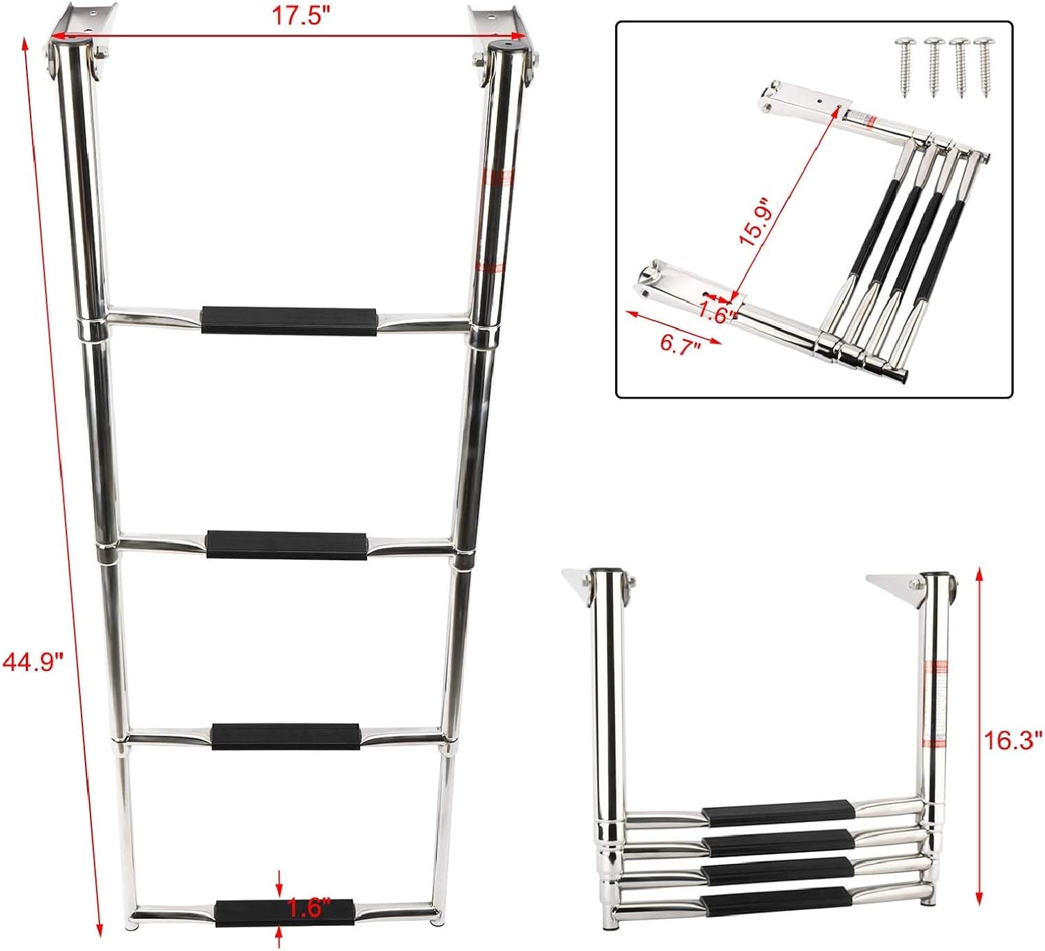 NovelBee 4 Step Boat Folding Ladder Stainless Steel Telescoping Extendable Ladder with Bungee Cord Strap and Mounting Screws for Marine Yacht Swimming Pool,Centrum Width 16