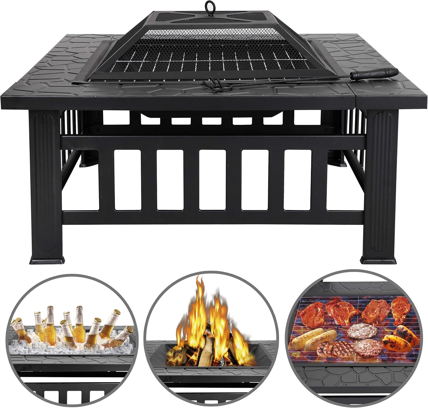 HANGKAI 32in Square Fire Pit Backyard Patio Garden Stove Wood Burning Fireplace -3 in 1 BBQ Grill, Cooler, and Fire Bowl w/ Large Spark Screen, Log Poker and Cover
