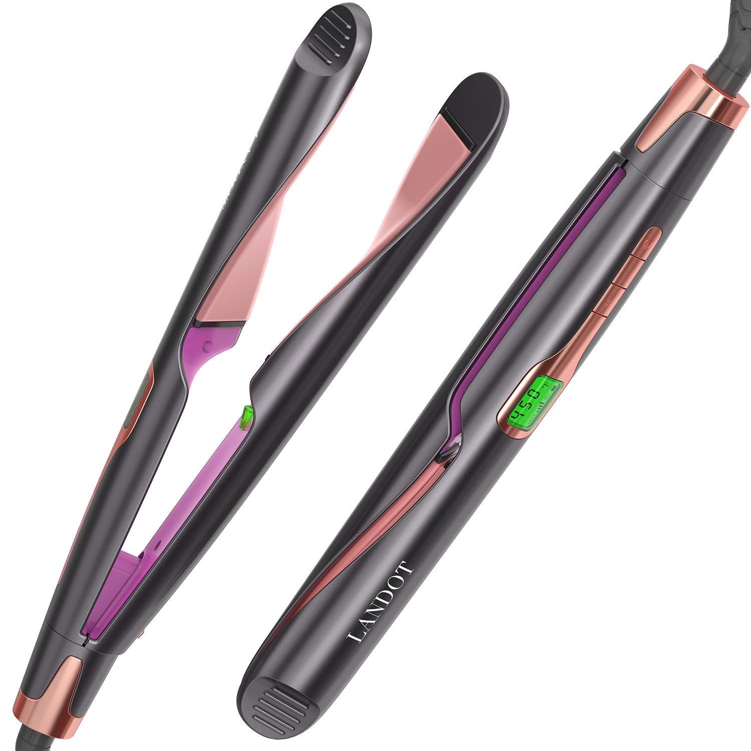 LANDOT Hair Straightener and Curler 2 in 1, Twist Straightening Curling Iron, Professional Negative Ion Flat Iron with Adjustable Temp for All Hair Types, Instant Heating, Dual Voltage Pack of 2