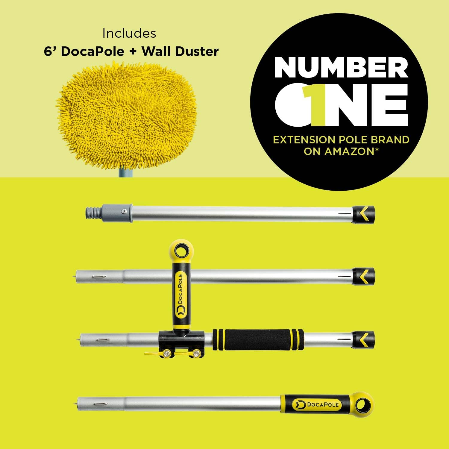 DocaPole Wall Duster with 6 Foot Extension Pole: Includes 4-Piece Long Handle and Chenille Microfiber Cleaning Head for Use as Baseboard Cleaner, Wall Duster, and on High Reach Ceilings
